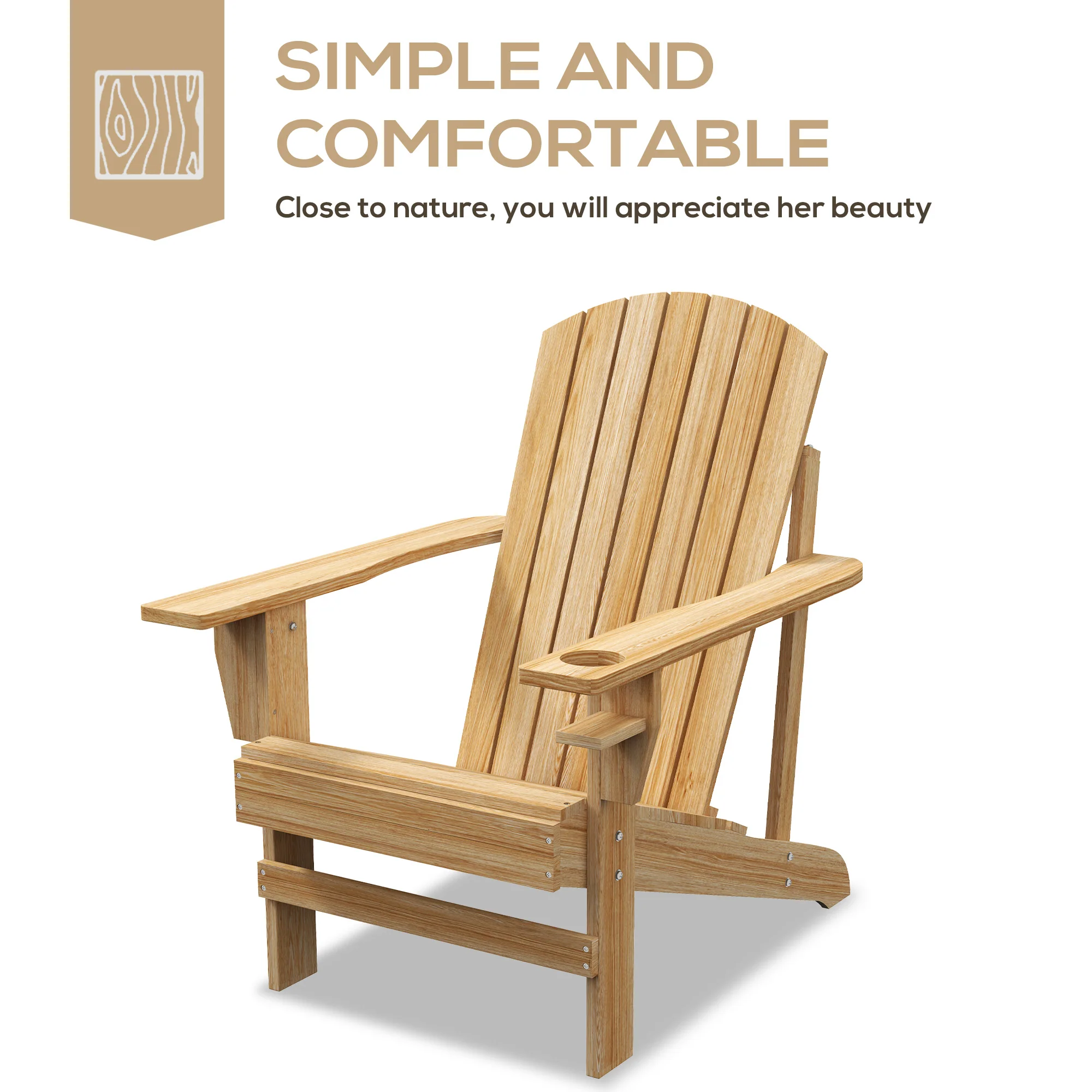 Wooden Adirondack Chair with Cup Holder, Oversized Fire Pit Chair for Garden, Backyard, Natural Wood - Image 6