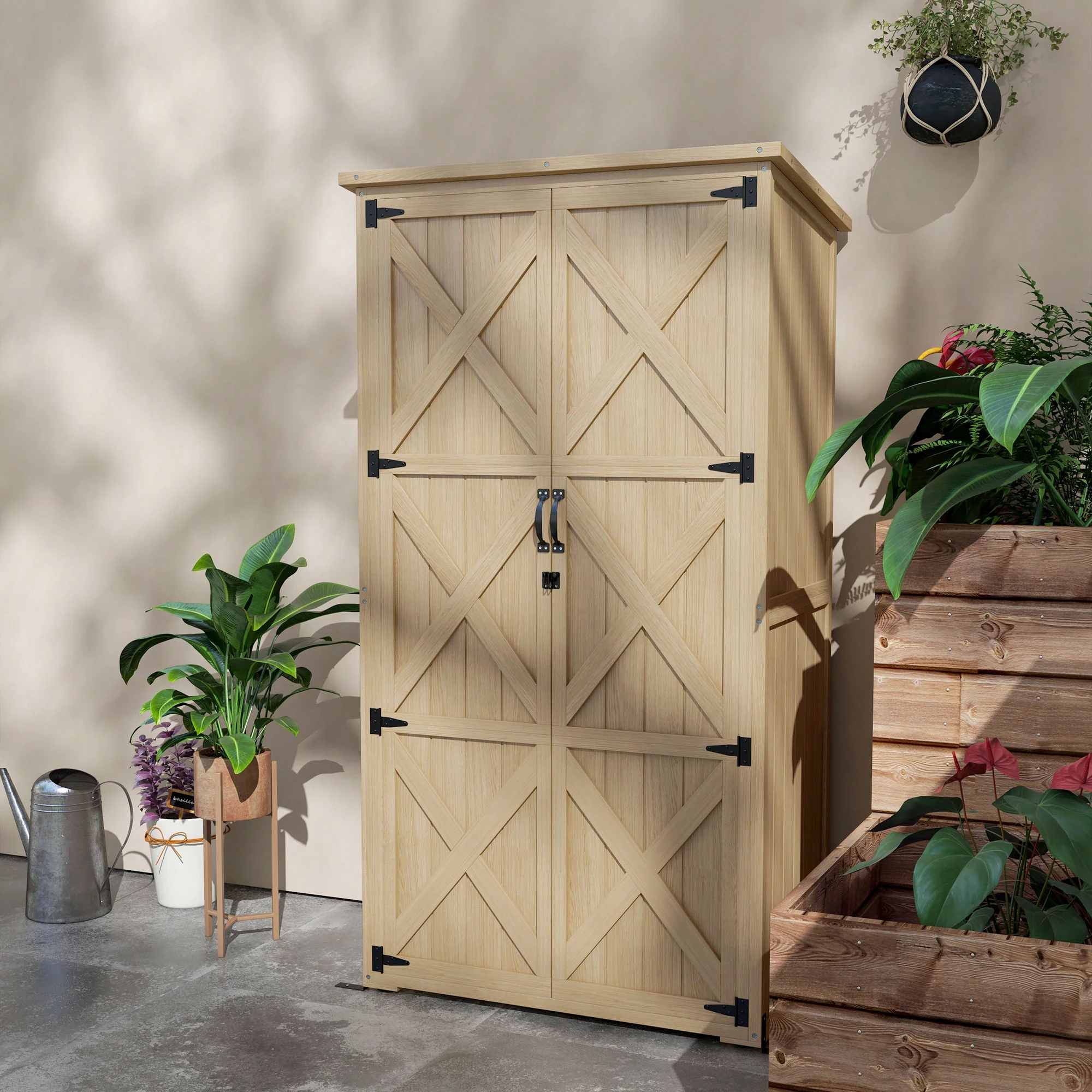 Vertical Wood Storage Cabinet with Waterproof Asphalt Roof & Lockable Doors, Natural - Image 4