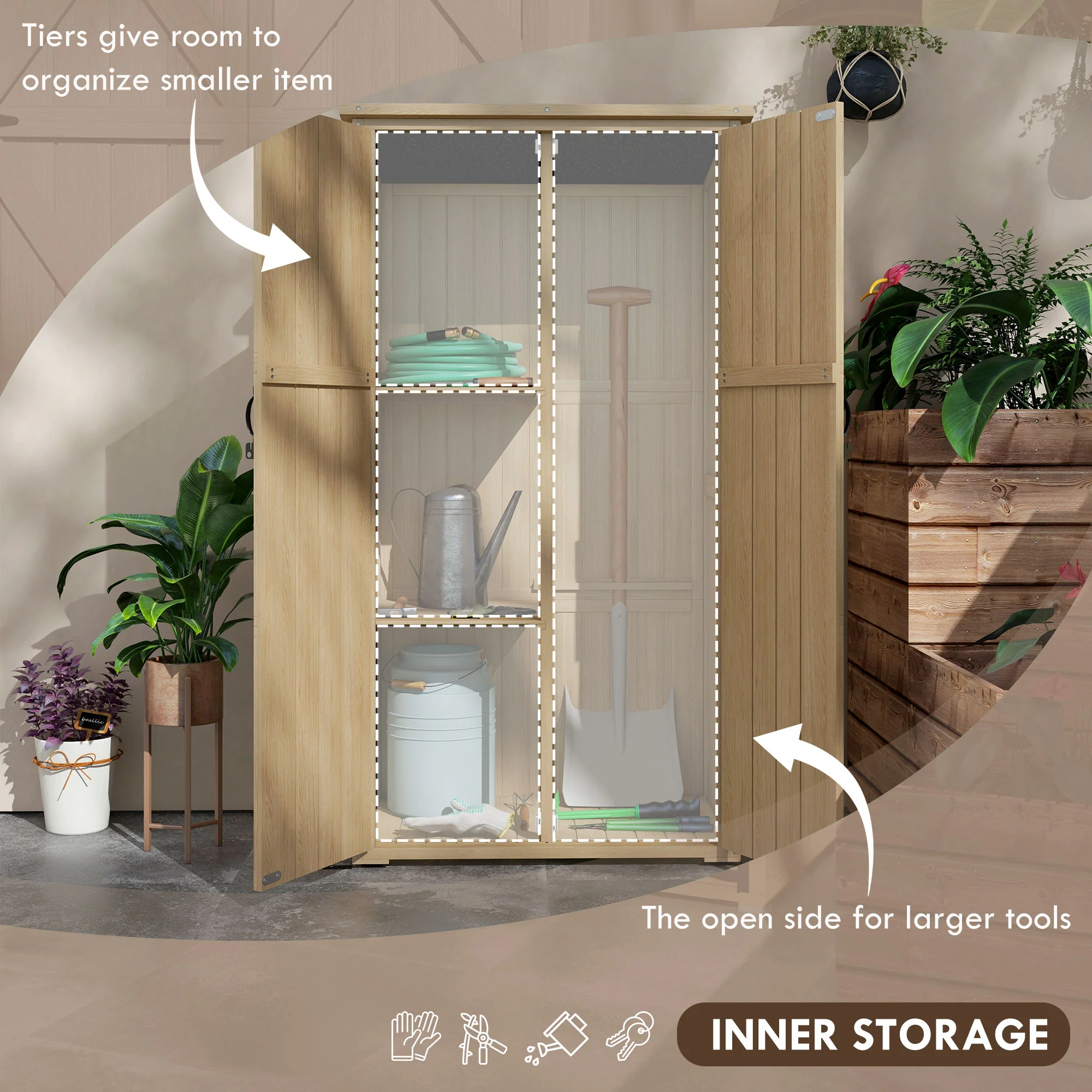 Vertical Wood Storage Cabinet with Waterproof Asphalt Roof & Lockable Doors, Natural - Image 6