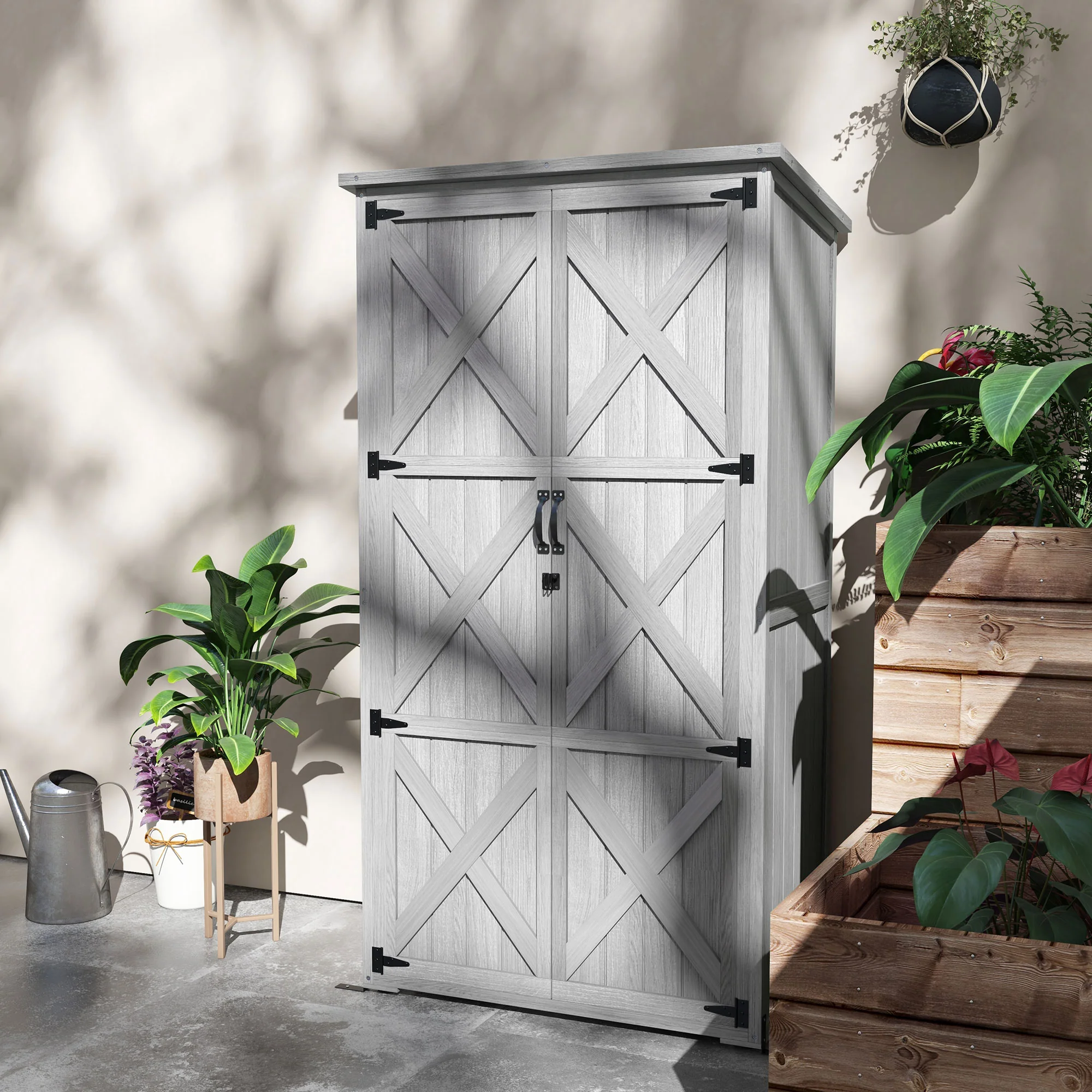 Vertical Wood Storage Cabinet with Waterproof Asphalt Roof & Lockable Doors, Gray - Image 4