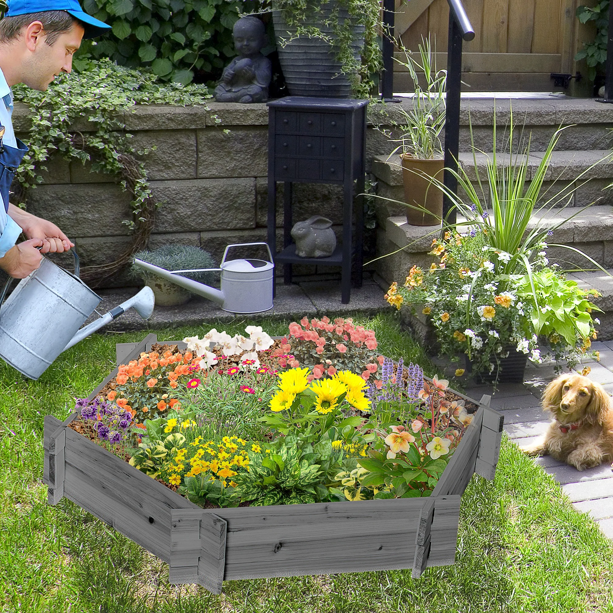 Wooden Raised Garden Bed, Hexagon Screwless Planters for Outdoor Plants, Vegetables, Flowers, Herbs, 39" x 36" x 6", Gray - Image 3