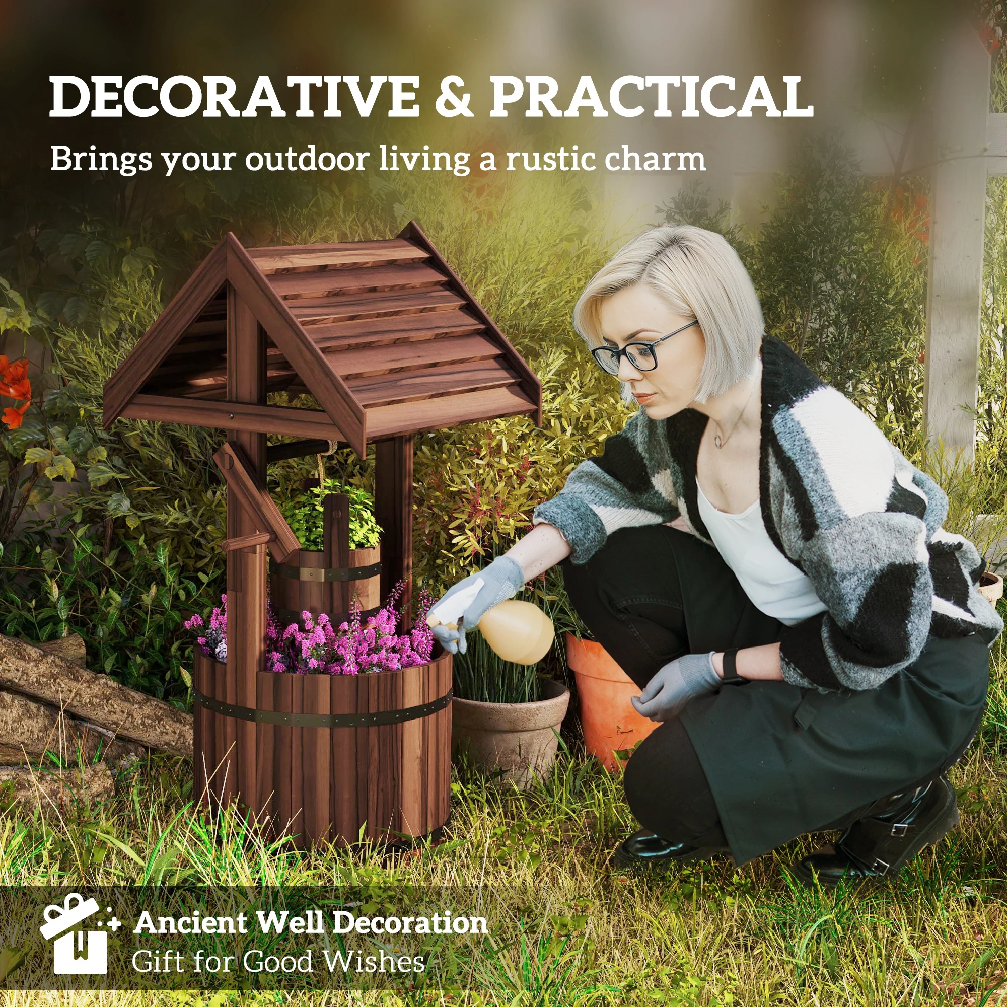 Wooden Wishing Well Planter with Adjustable Hanging Bucket, Rustic Wishing Well for Outside, Decorative Flower Planter with Drainage Hole for Garden Patio, Carbonized - Image 6