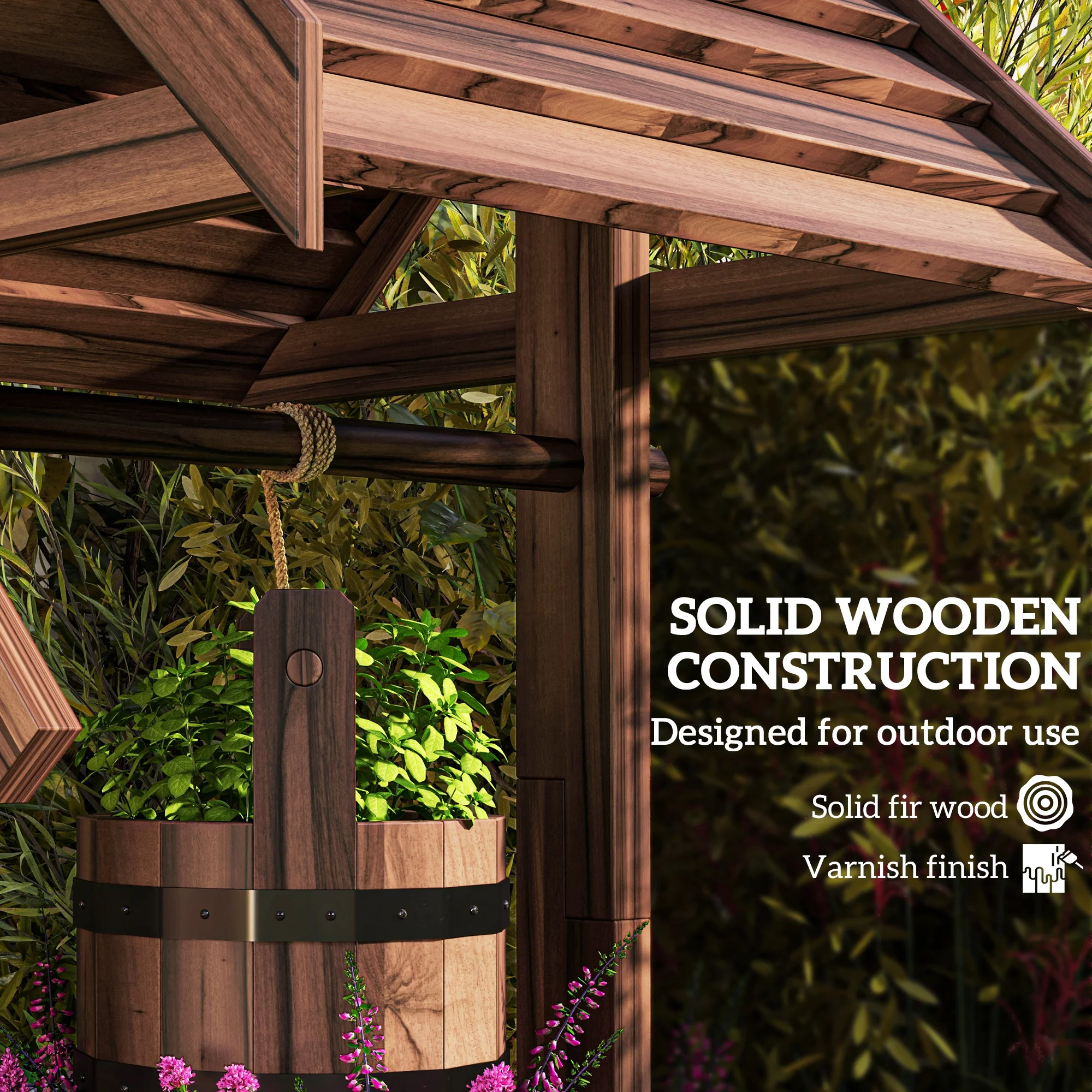 Wooden Wishing Well Planter with Adjustable Hanging Bucket, Rustic Wishing Well for Outside, Decorative Flower Planter with Drainage Hole for Garden Patio, Carbonized - Image 8
