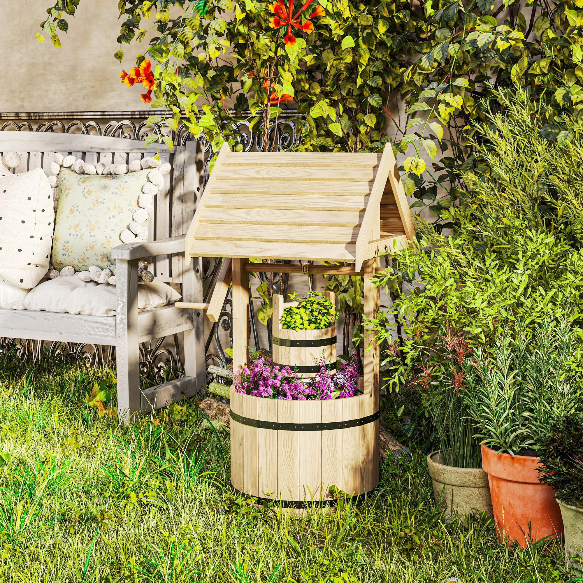 Wooden Wishing Well Planter with Adjustable Hanging Bucket, Rustic Wishing Well for Outside, Decorative Flower Planter with Drainage Hole for Garden Patio, Natural Wood - Image 3
