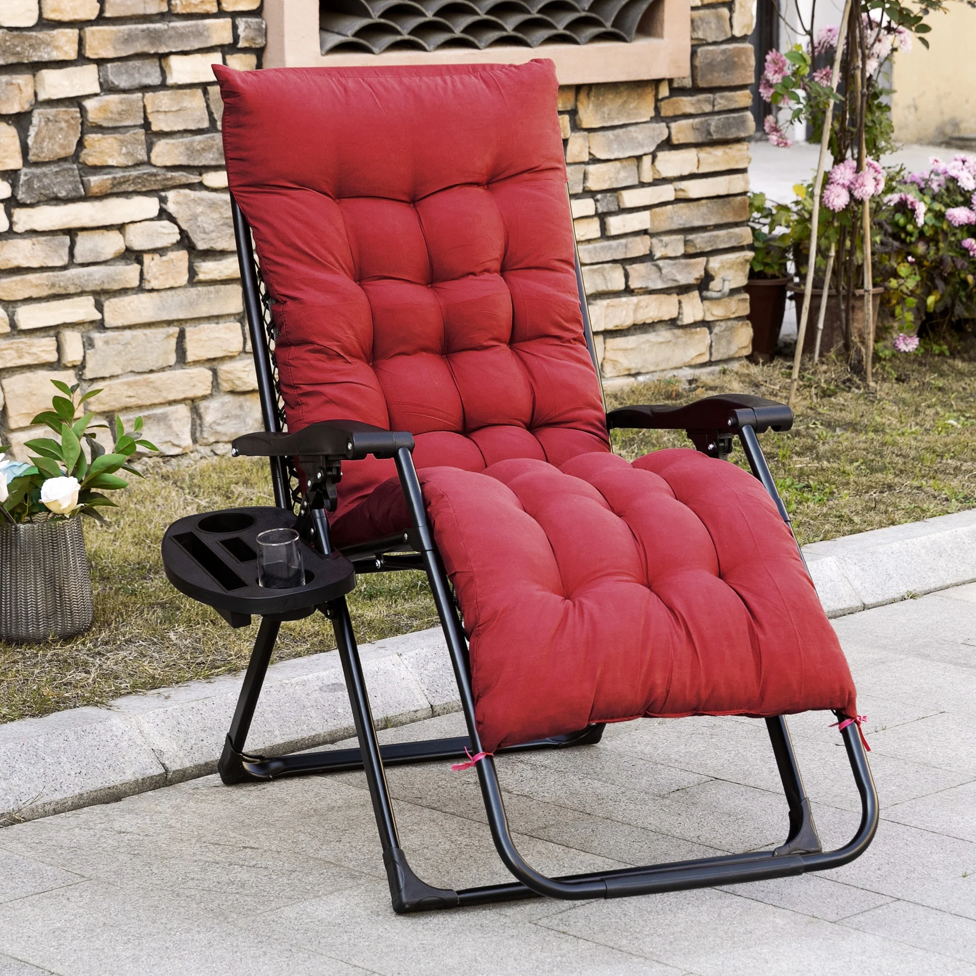Folding Zero Gravity Recliner Chair with Cup Holder & Padded Cushion, Red - Image 3