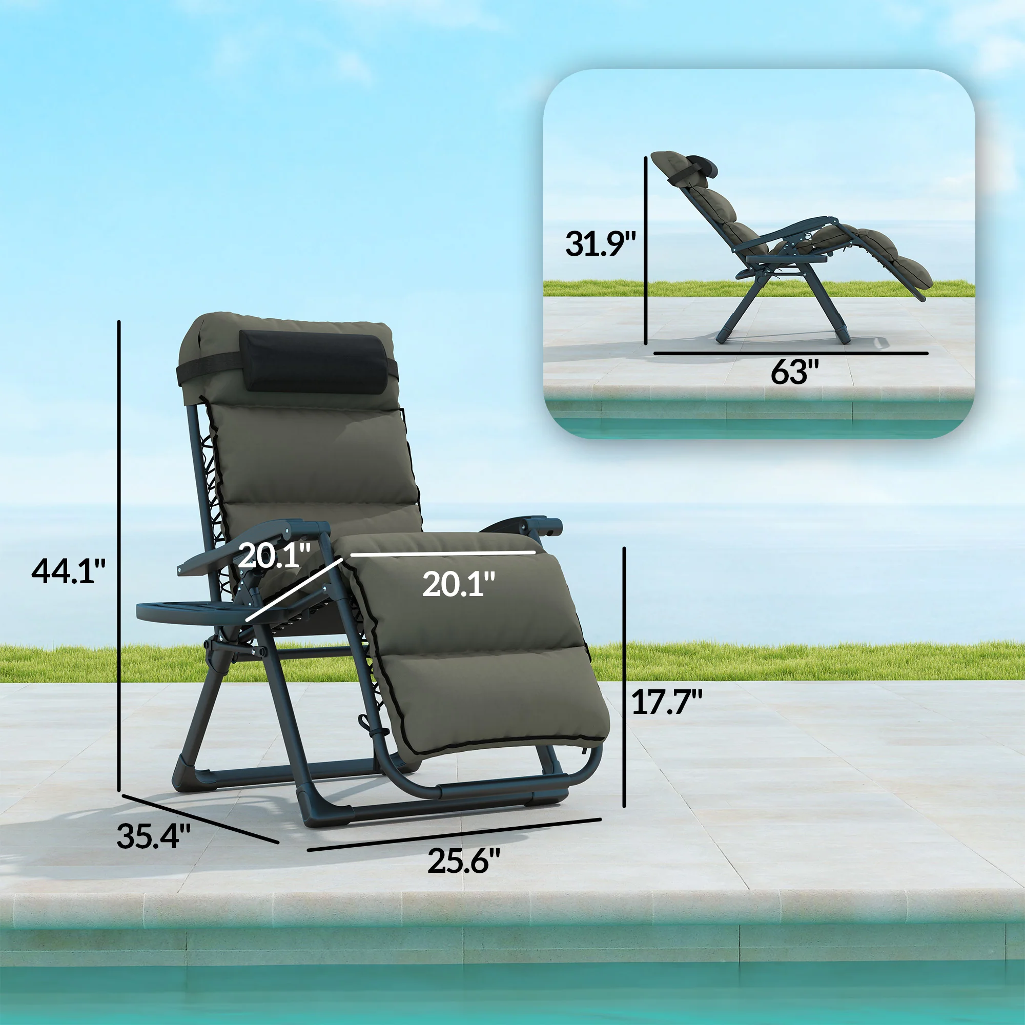Reclining Folding Outdoor Lounge Chairs with Cushion, Headrest & Side Tray, Gray - Image 5
