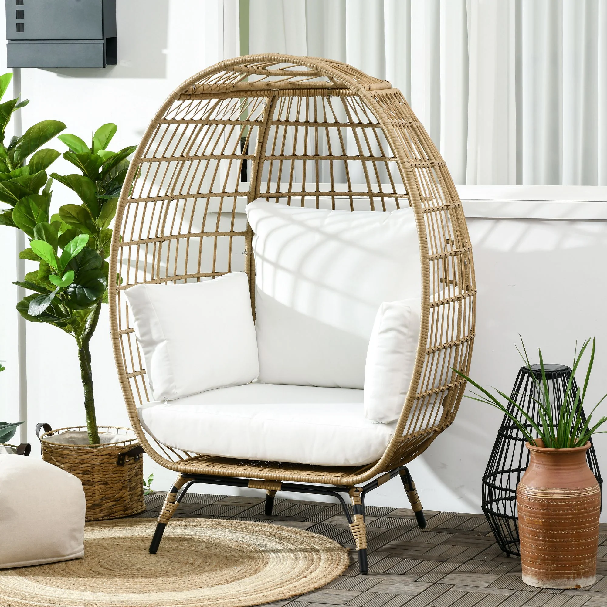 Oversized Rattan Egg Chair with Thickened Cushions & Pillows for Balcony, Porch, Khaki - Image 4