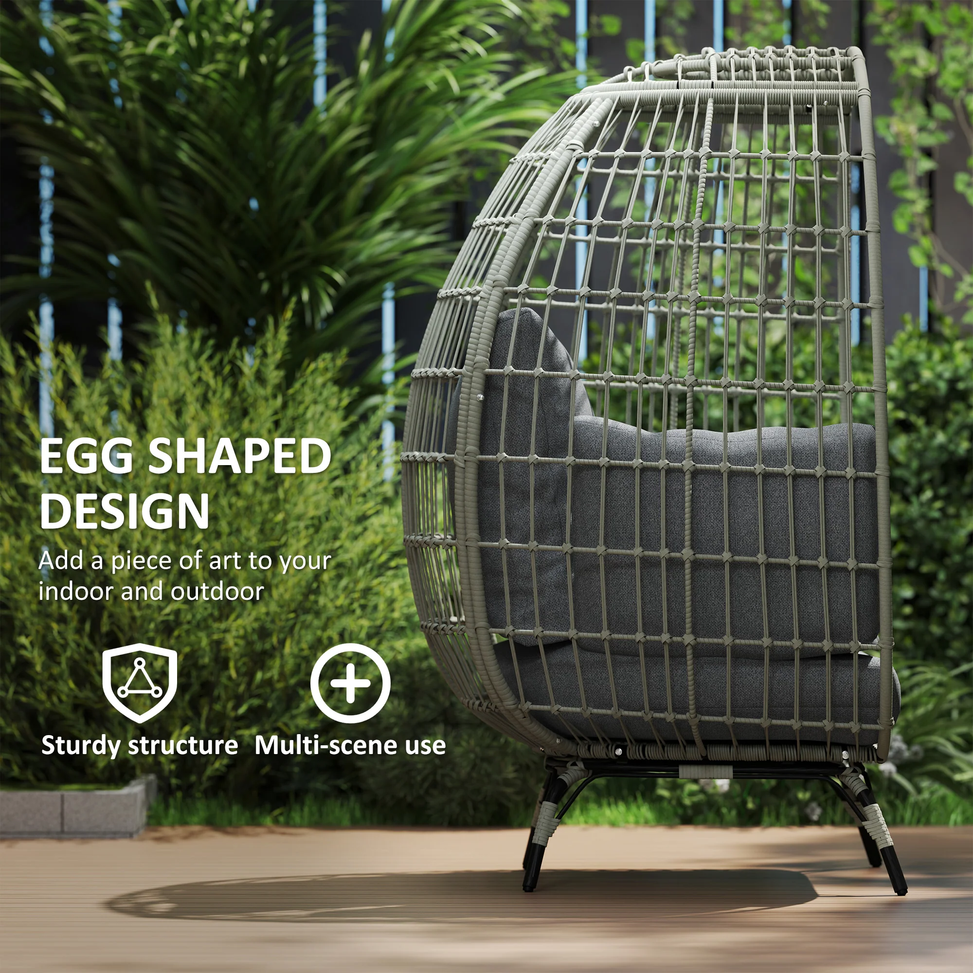 Oversized Rattan Egg Chair with Thickened Cushions & Pillows for Balcony, Porch, Charcoal Grey - Image 7