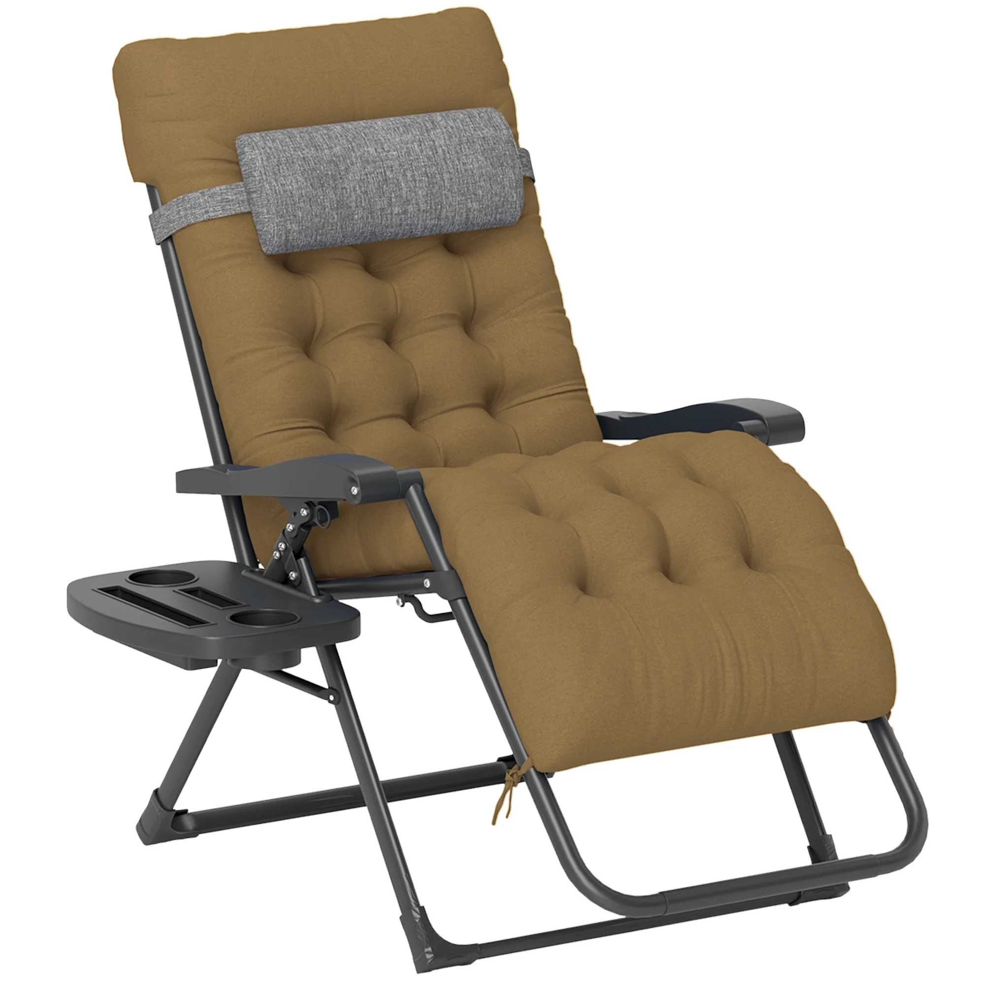 Padded Folding Recliner Chair, Patio Lounger with Cupholder, Adjustable Backrest, Removable Cushion, Light Khaki