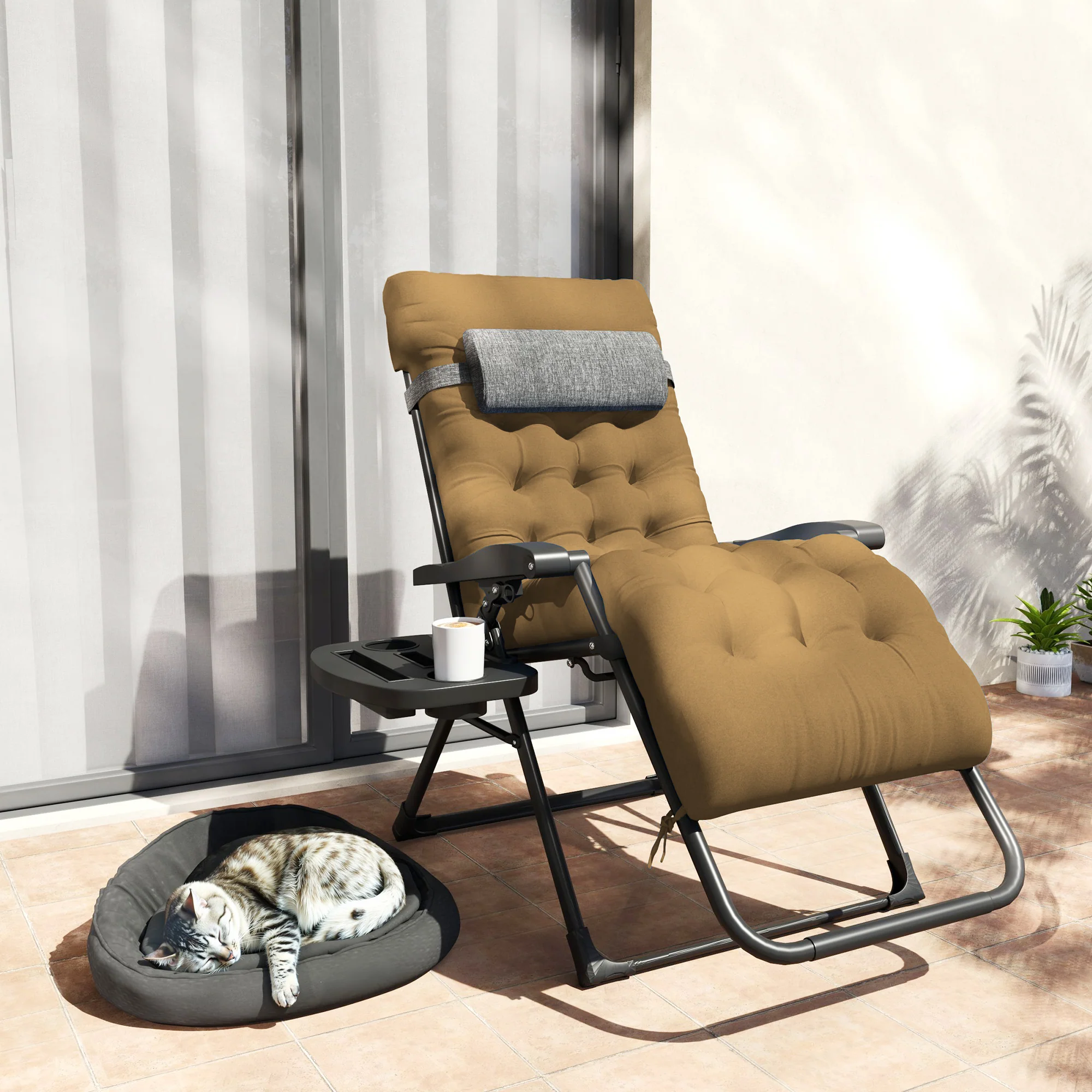 Padded Folding Recliner Chair, Patio Lounger with Cupholder, Adjustable Backrest, Removable Cushion, Light Khaki - Image 11