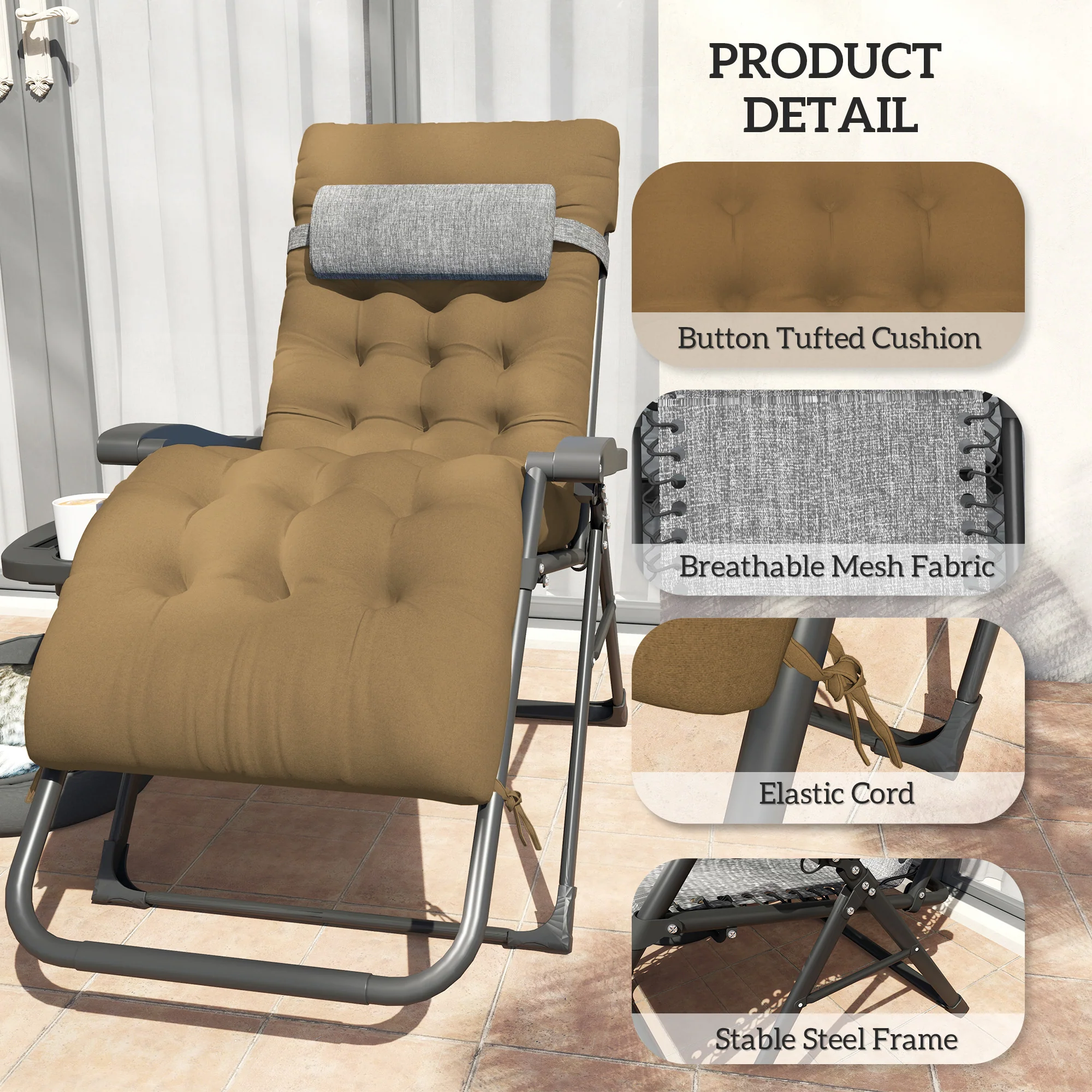 Padded Folding Recliner Chair, Patio Lounger with Cupholder, Adjustable Backrest, Removable Cushion, Light Khaki - Image 9