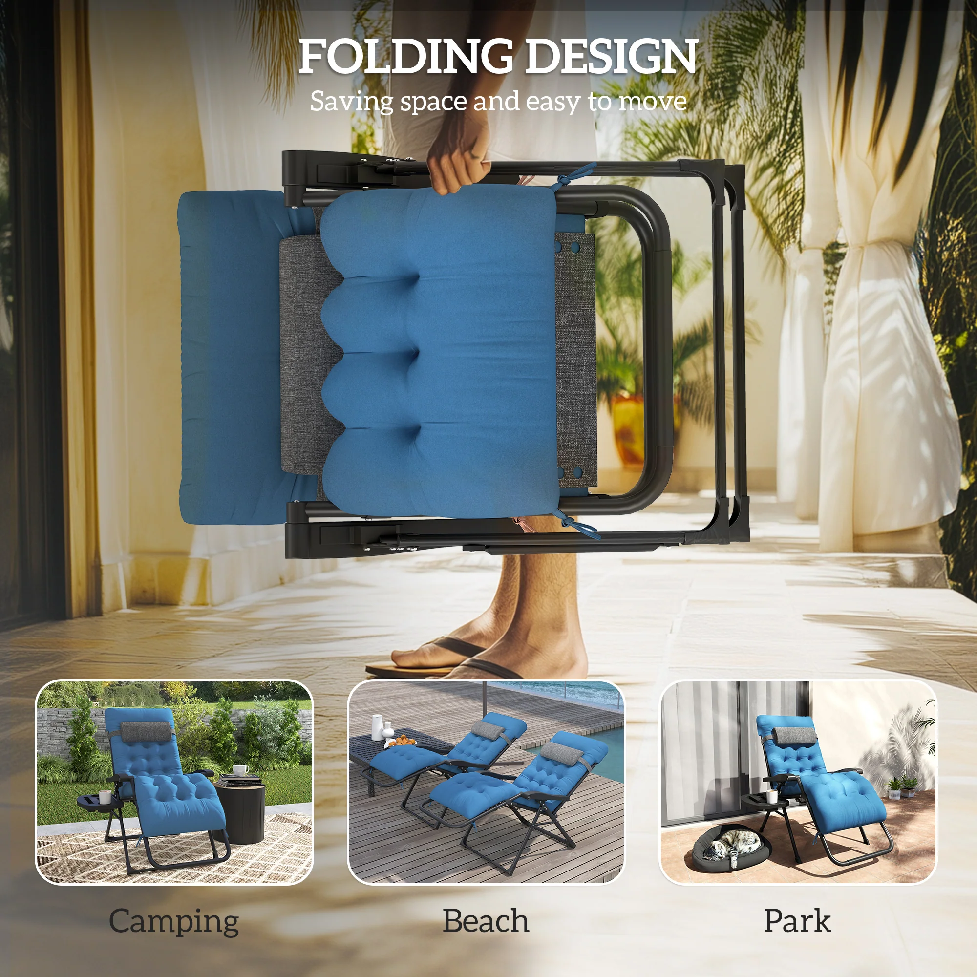 Padded Folding Recliner Chair with Cupholder, Adjustable Backrest & Cushion, Navy Blue - Image 7