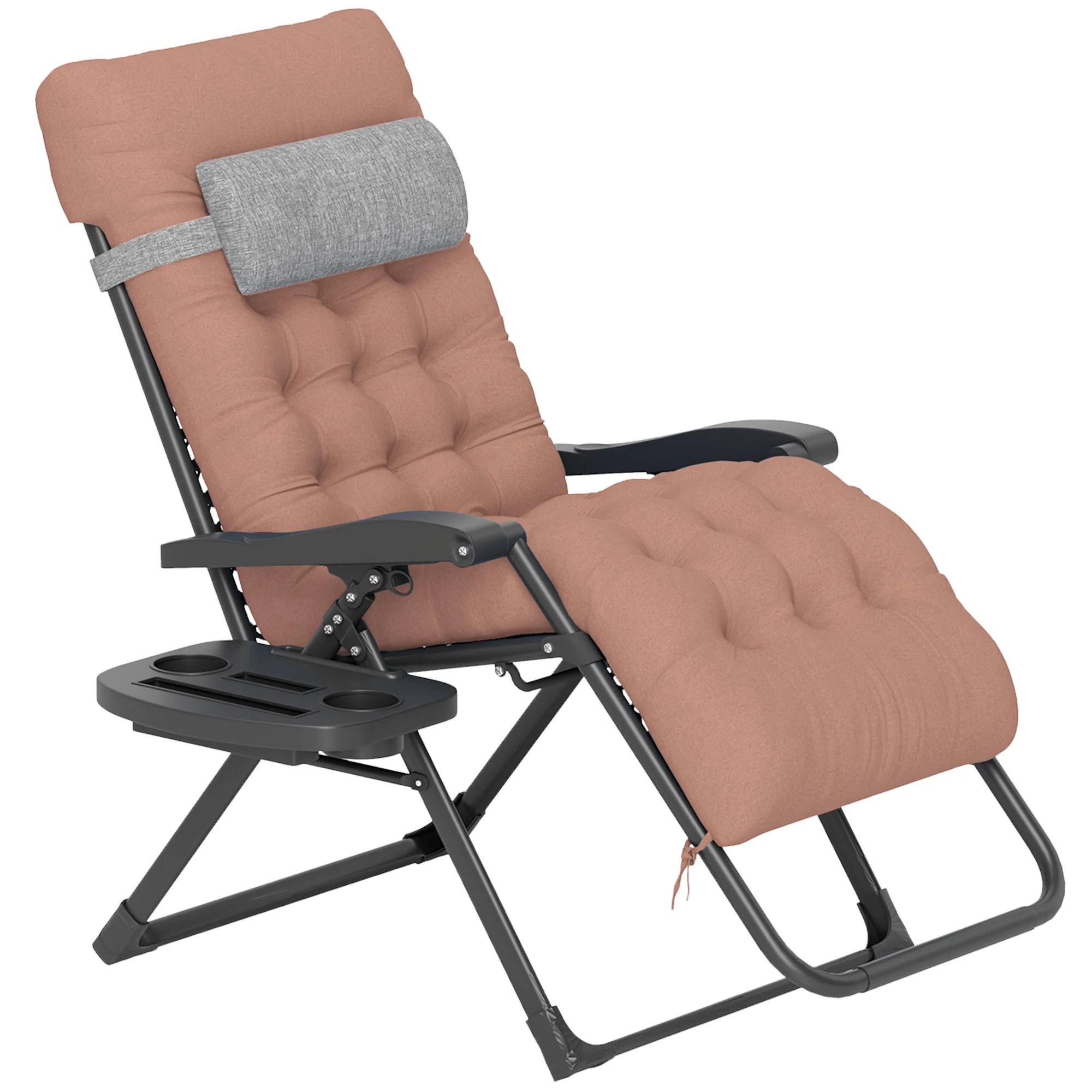 Padded Folding Recliner Chair with Cupholder, Adjustable Backrest & Cushion, Khaki - Image 2