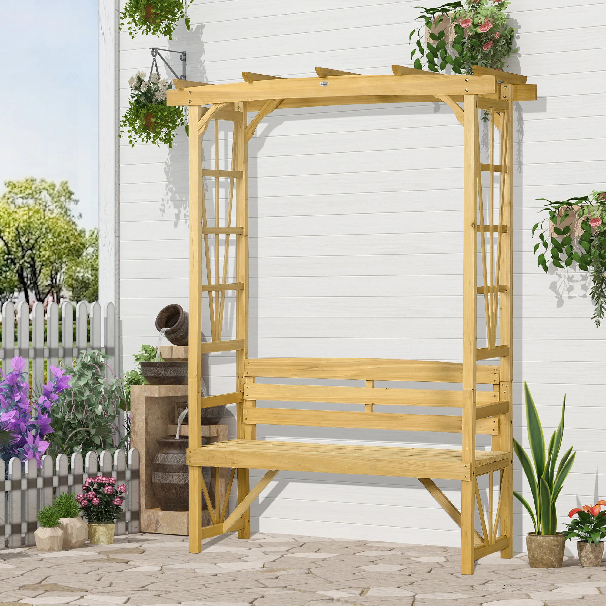 79.9" Patio Wooden Bench, Outdoor Garden Bench for Vines/Climbing Plants, Light Brown - Image 4