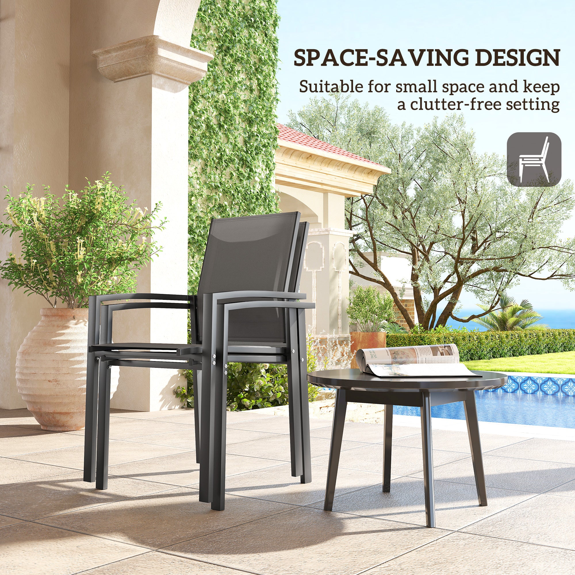 Set of 2 Outdoor Garden Chairs, Stackable Patio Dining Chairs with Breathable Fabric, Armrests and Backrest, Dark Grey - Image 9