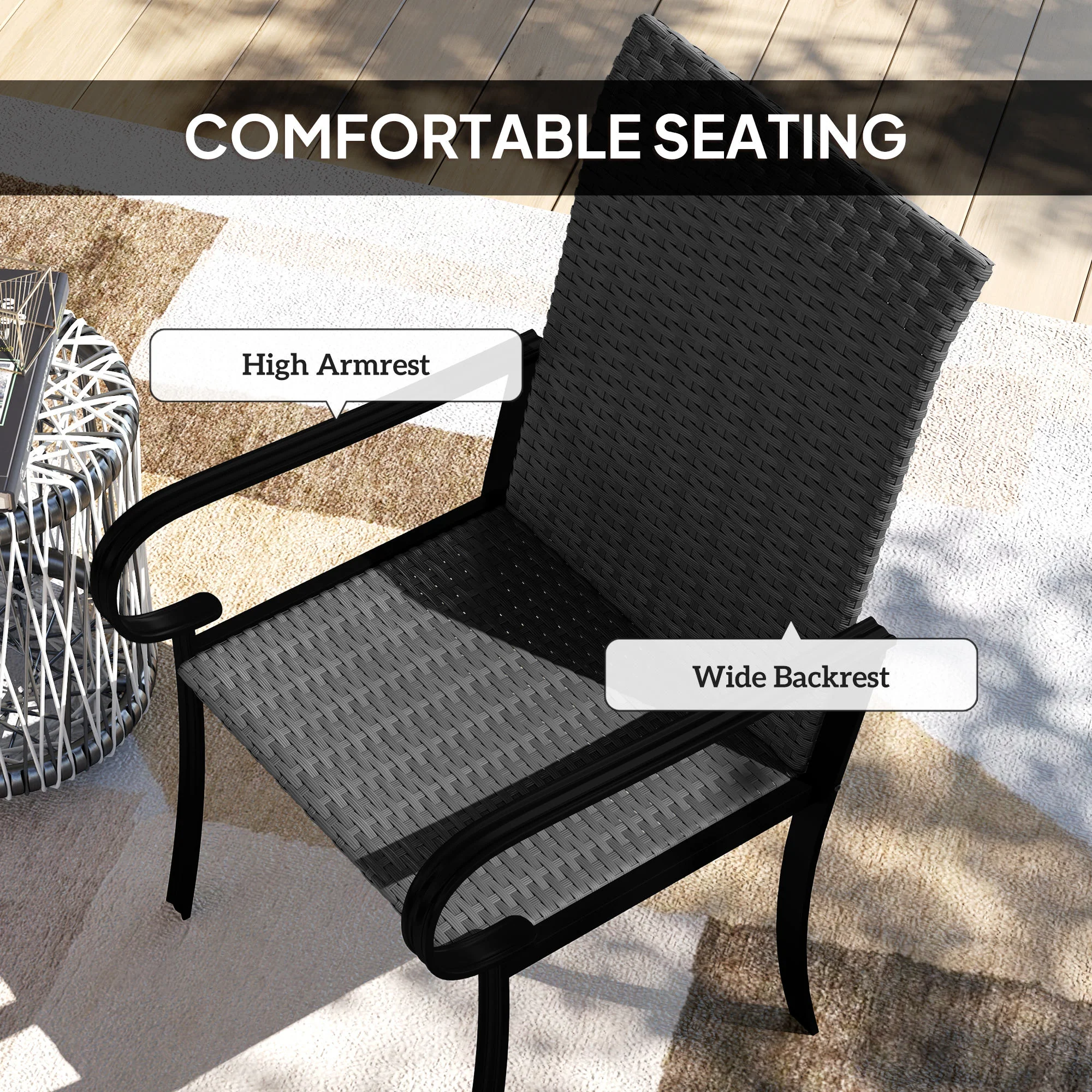 2 Piece PE Rattan Patio Dining Chairs with Steel Frame for Pool Side, Porch, Black - Image 7