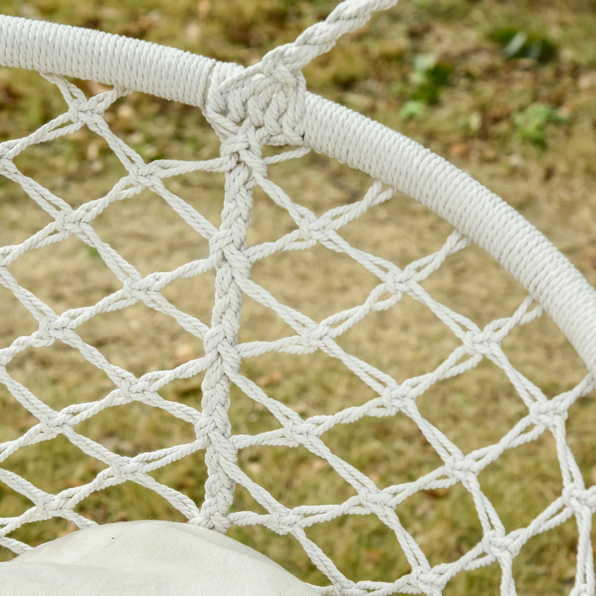 2-Seat Patio Hammock Macrame Chair, Hanging Rope Swing Chair w/ Cushion, Cream White - Image 11