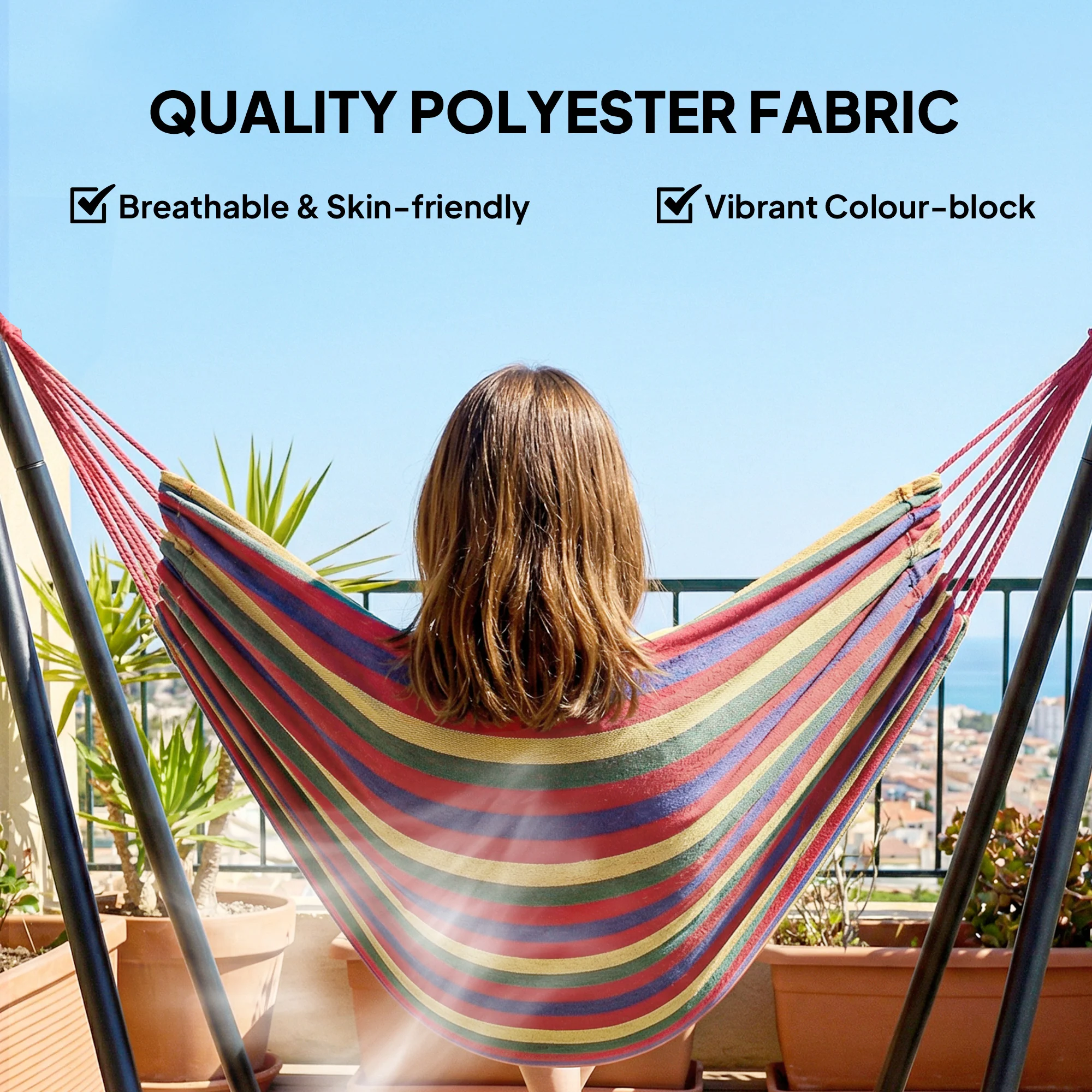 Patio Hammock with Stand, Fabric Outdoor Hammock Bed with Stand for Beach, Yard, Bedroom, Indoor, Outdoor, Muti-Colored - Image 7