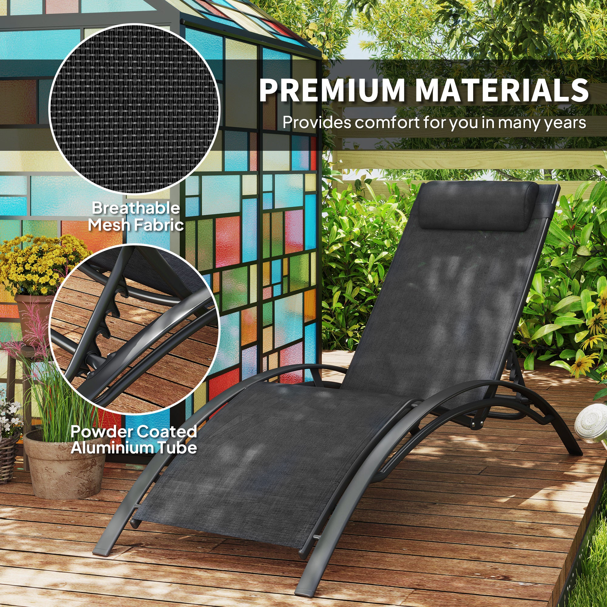 Aluminum Reclining Outdoor Tanning Lounge Chair with 5-Level Adjustable Backrest, Black - Image 8