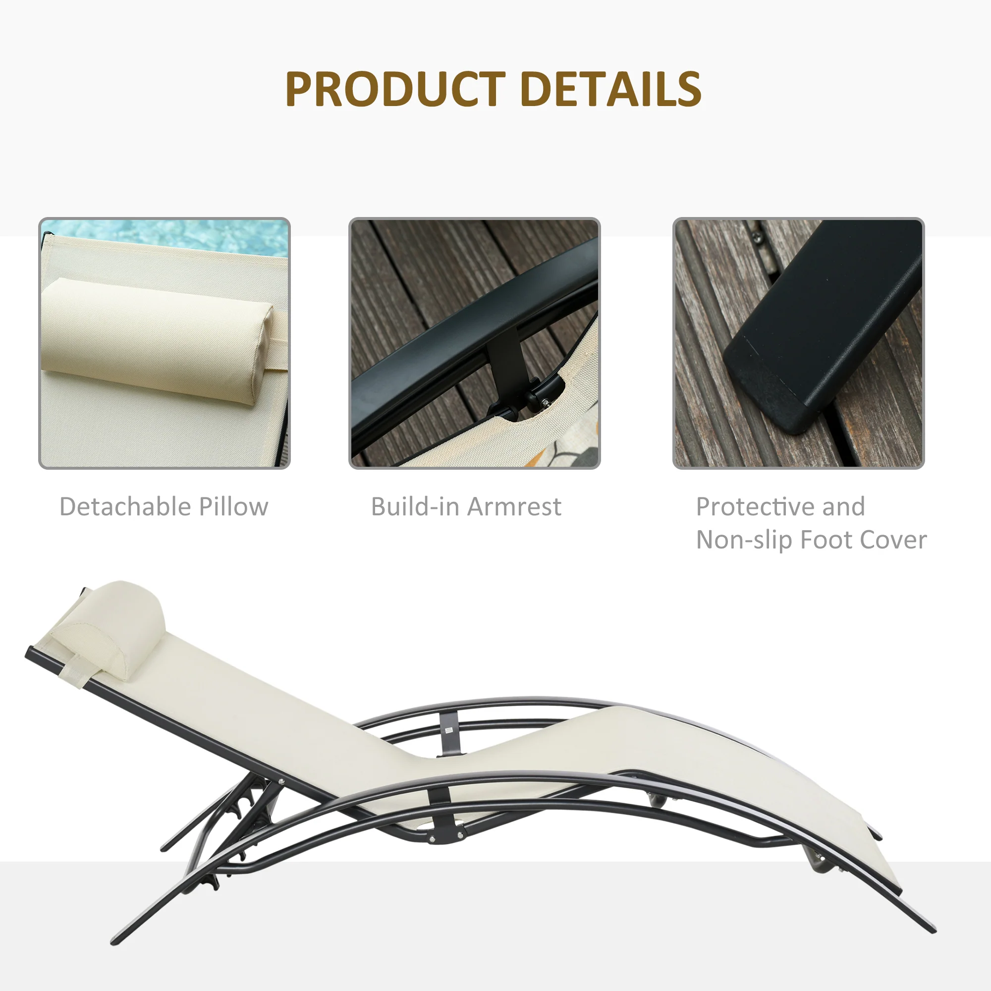 Aluminum Reclining Outdoor Tanning Lounge Chair with 5-Level Adjustable Backrest, Beige - Image 8
