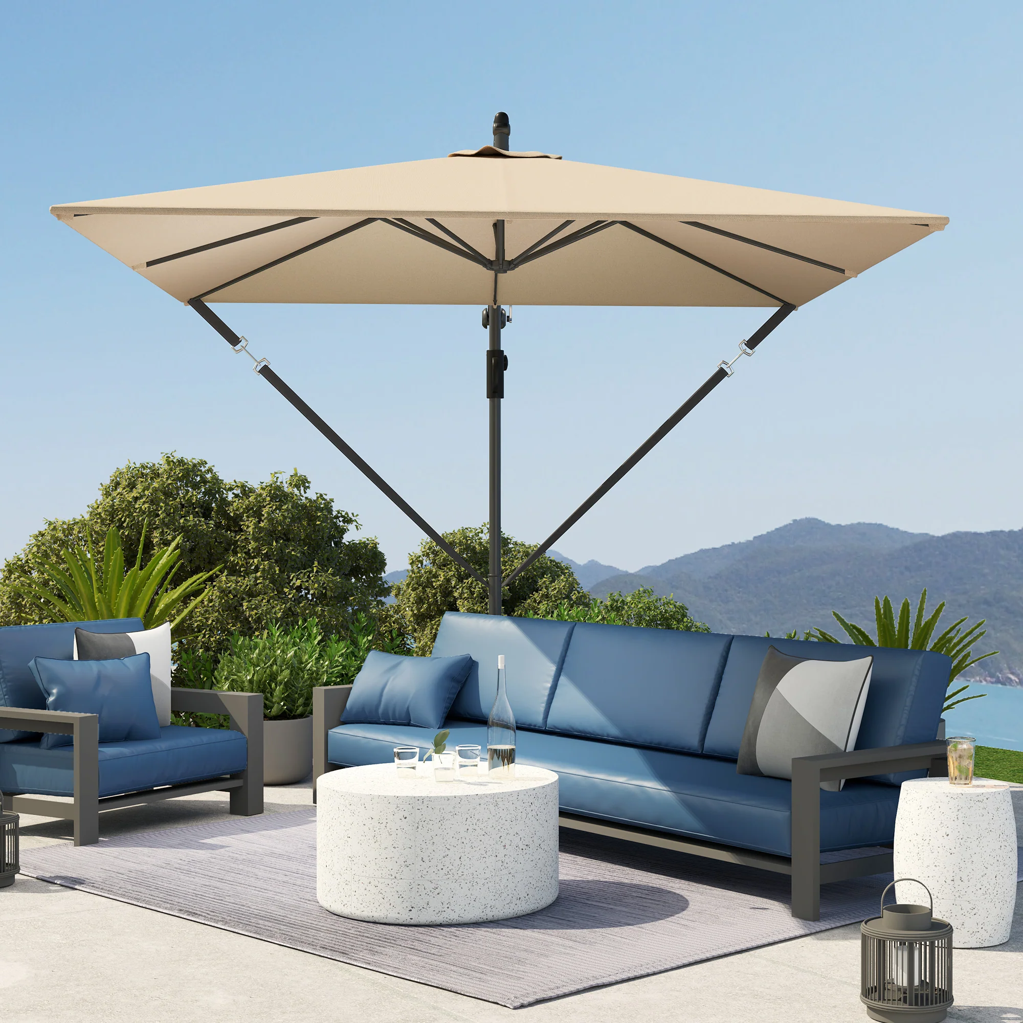 Patio Offset Umbrella UPF 50+ UV Protection, Water-Resistant, Crank Parasol with Base, Cover & Wind Securing, Tiltable Garden Umbrella for Balcony & Patio, Khaki - Image 10