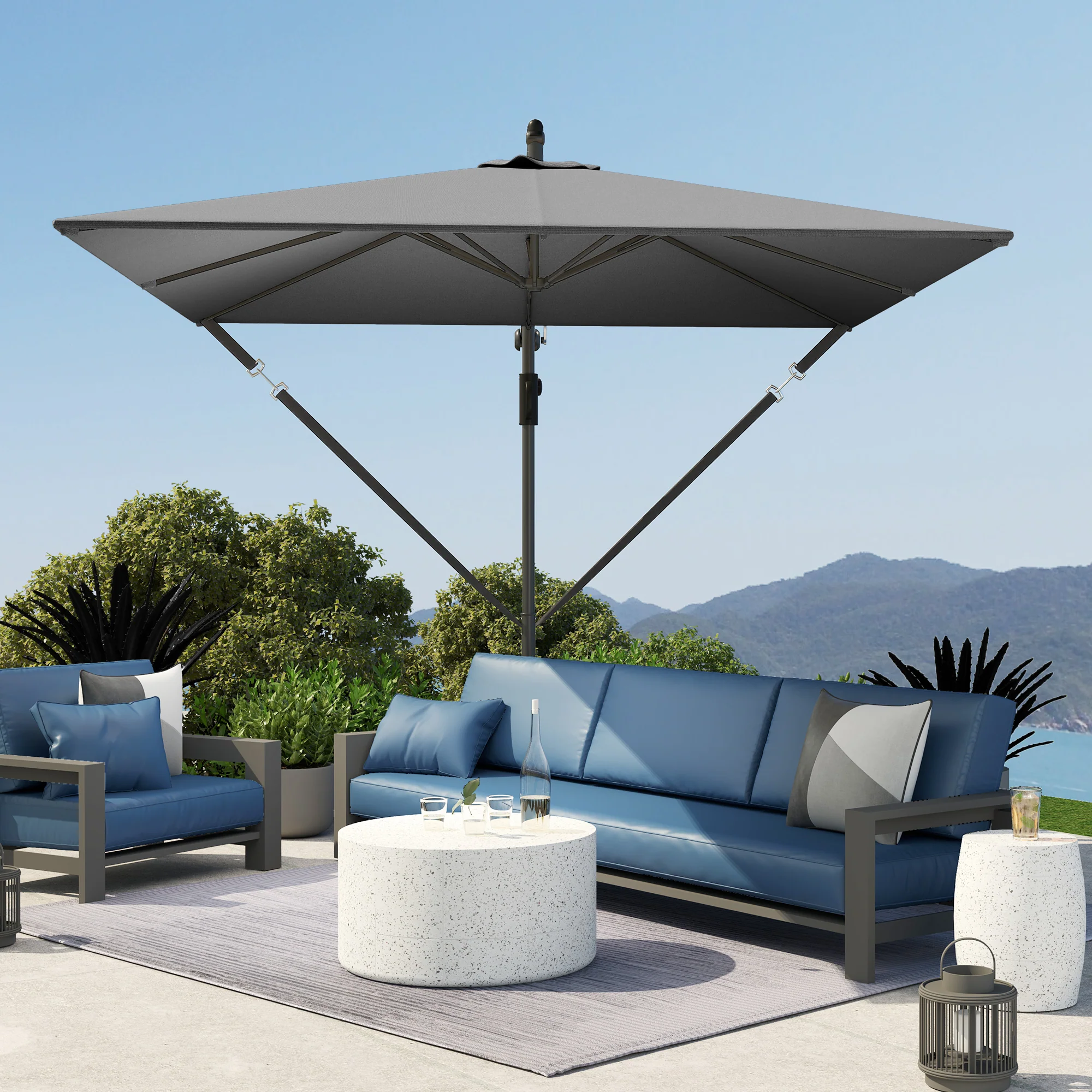 Patio Offset Umbrella UPF 50+ UV Protection, Water-Resistant, Crank Parasol with Base, Cover & Wind Securing, Tiltable Garden Umbrella for Balcony & Patio, Grey - Image 10
