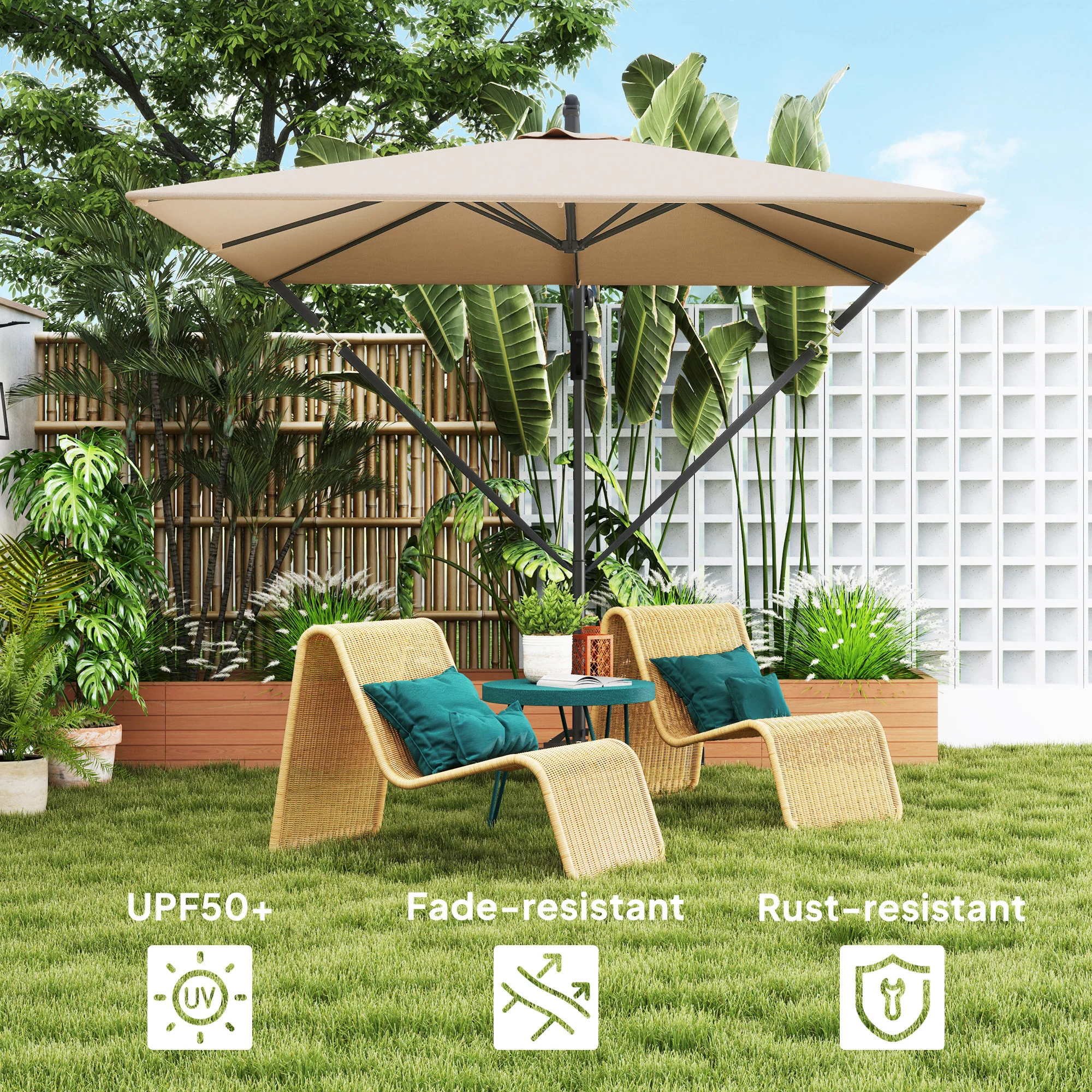 Patio Offset Umbrella UPF 50+ UV Protection, Water-Resistant, Crank Parasol with Base, Cover & Wind Securing, Tiltable Garden Umbrella for Balcony & Patio, Khaki - Image 7