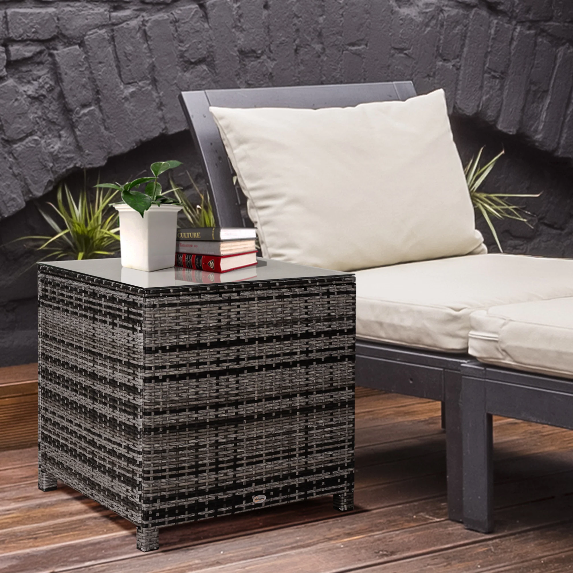 Square Outdoor Coffee Table, Patio PE Rattan Side Table w/ Tempered Glass Top, Mixed Grey - Image 3