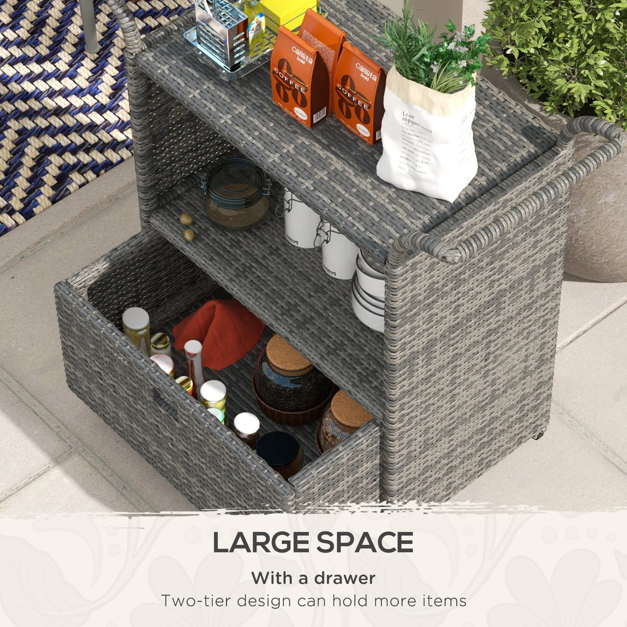 2-Tier PE Wicker Garden Serving Cart, Outdoor Wheeled Cart with Drawer & Handles, Grey - Image 8
