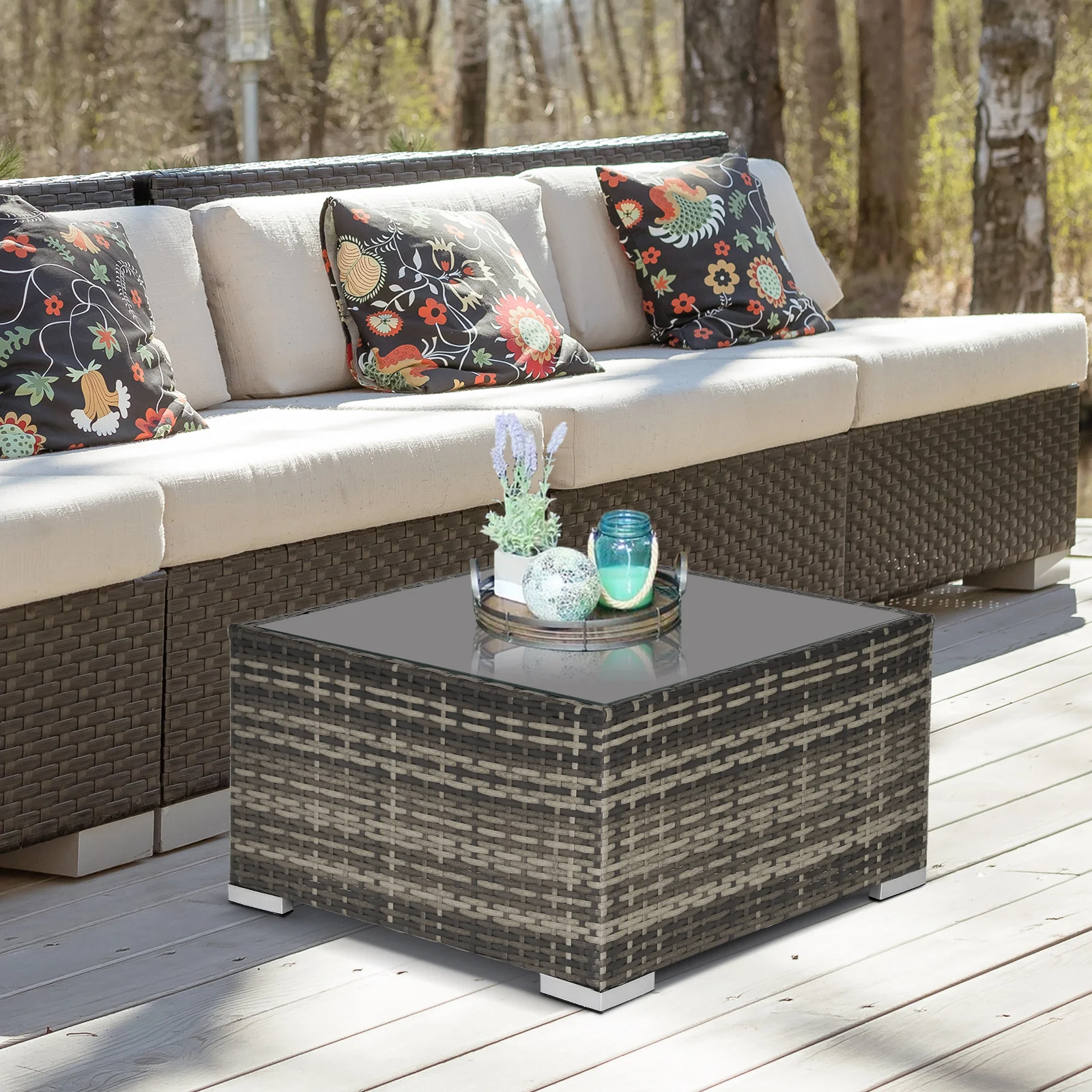 Patio Rattan Coffee Table, Ready to Use Outdoor Furniture for Garden Backyard, Deep Grey - Image 3