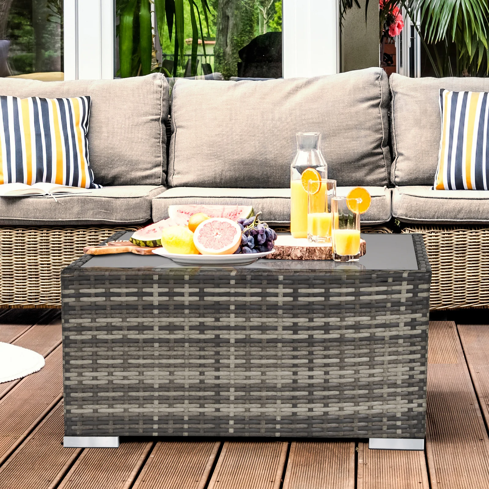 Patio Rattan Coffee Table, Ready to Use Outdoor Furniture for Garden Backyard, Deep Grey - Image 4