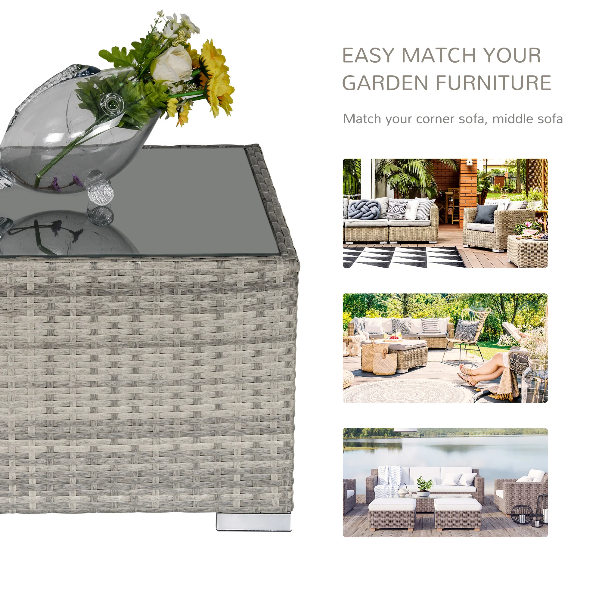 Patio Rattan Coffee Table, Ready to Use Outdoor Furniture for Garden Backyard, Grey - Image 9