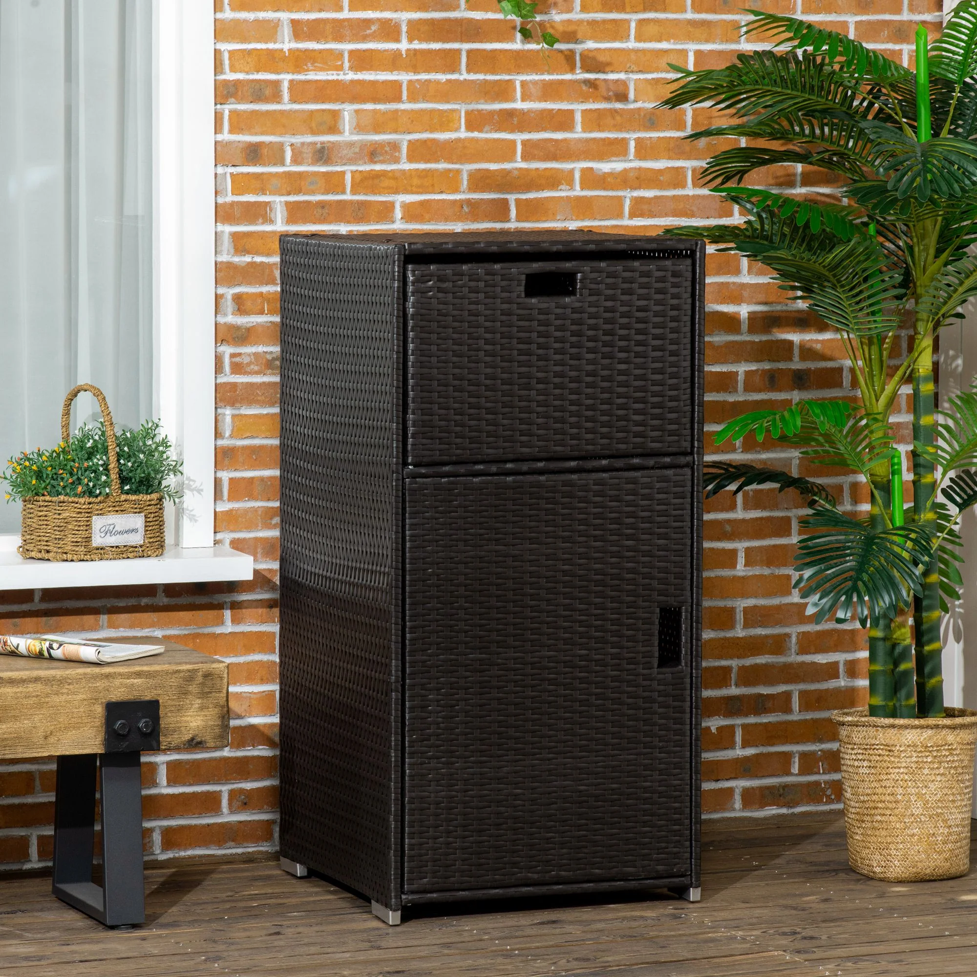 Outdoor Storage Cabinet, Waterproof PE Rattan Wicker Storage with Basket Drawer, Dark Brown - Image 4