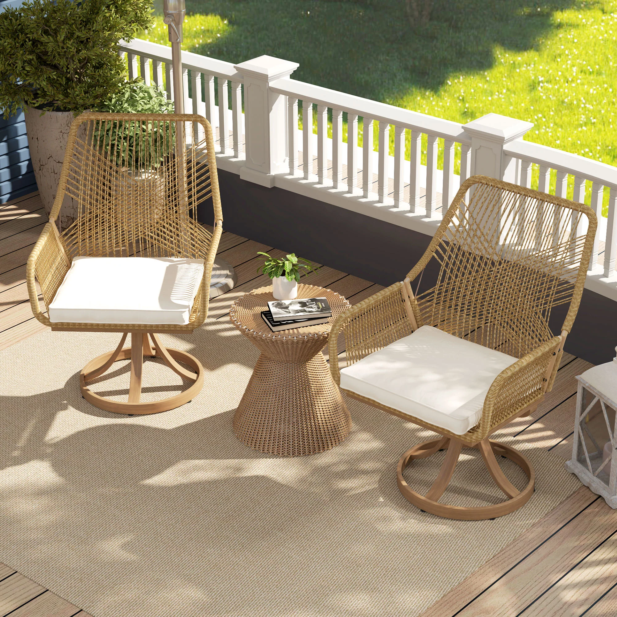 Patio Swivel Dining Chairs Set of 2, Outdoor Rattan Chairs with Soft Cushions, Khaki - Image 10