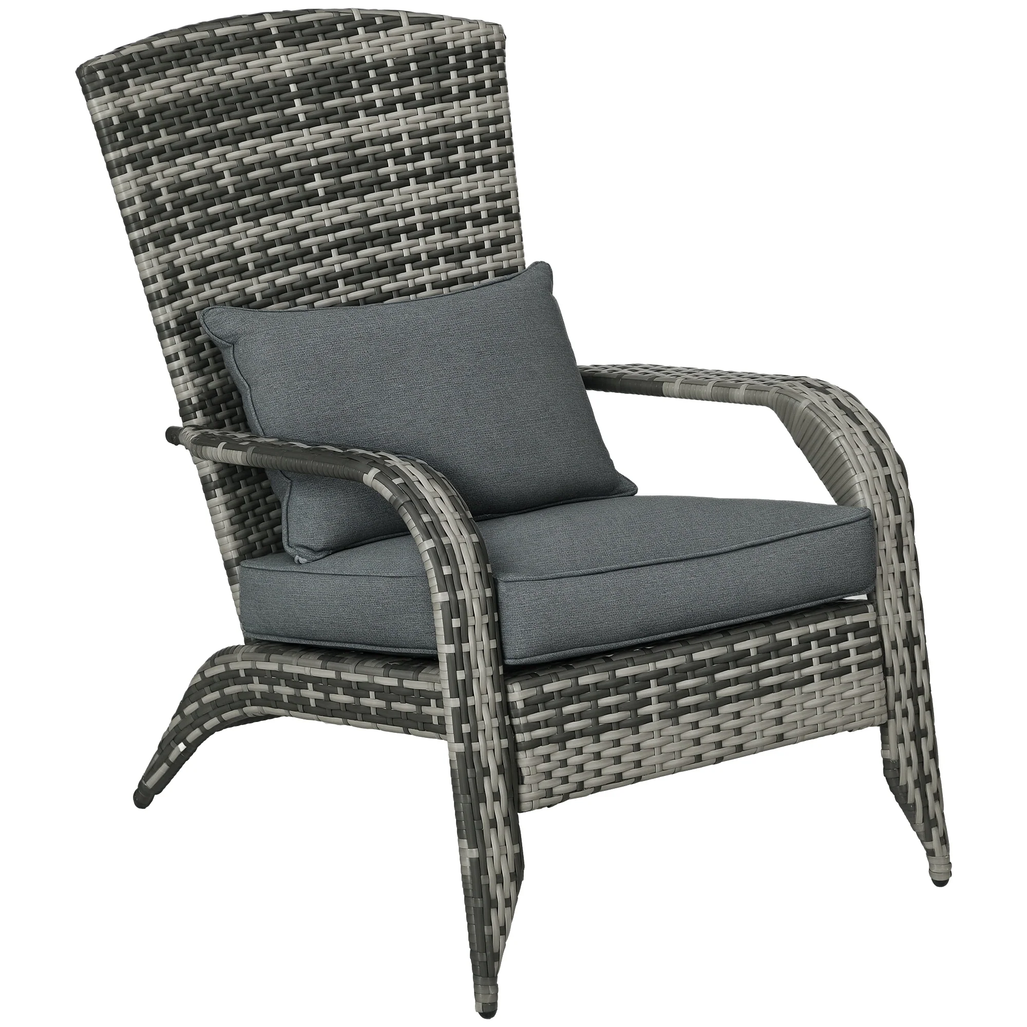 Patio Wicker Adirondack Chair w/ Soft Cushions, Tall Curved Backrest and Comfortable Armrests for Deck Garden, Grey