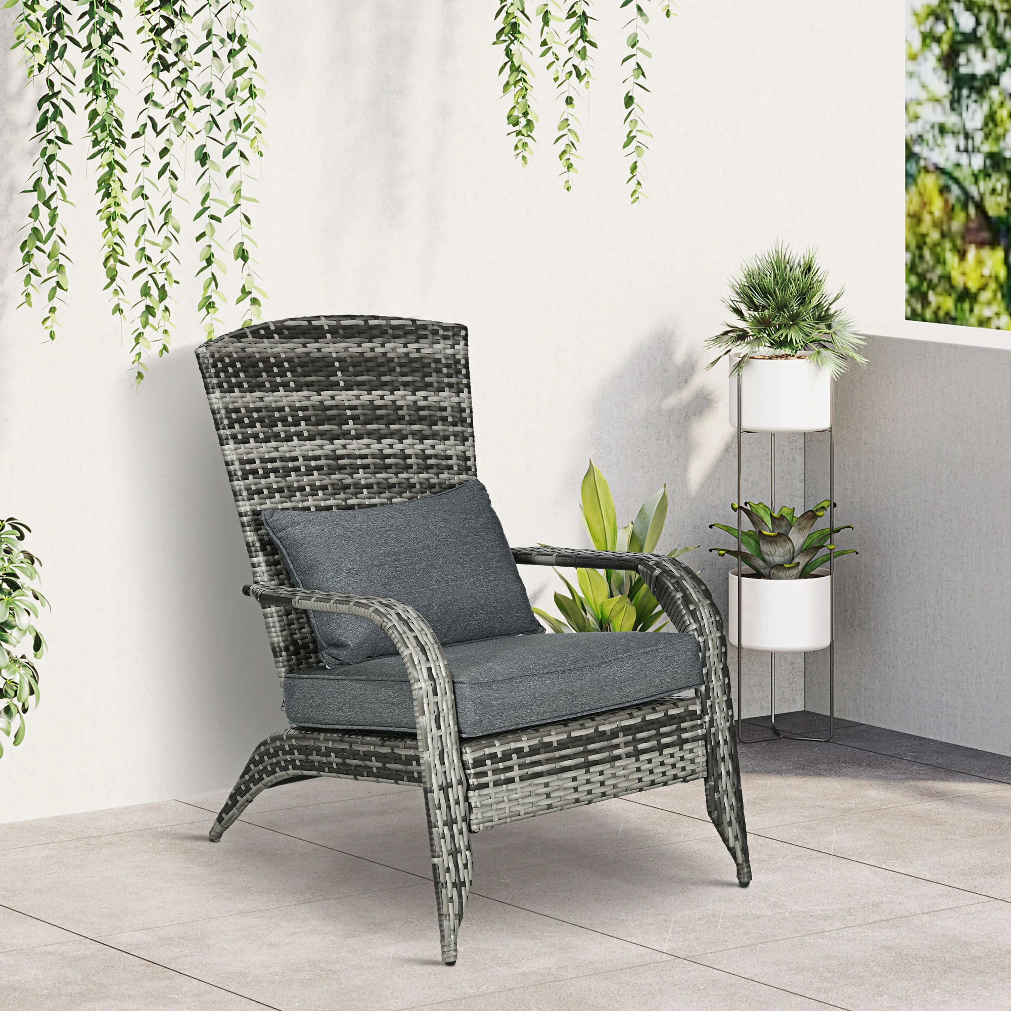 Patio Wicker Adirondack Chair w/ Soft Cushions, Tall Curved Backrest and Comfortable Armrests for Deck Garden, Grey - Image 3
