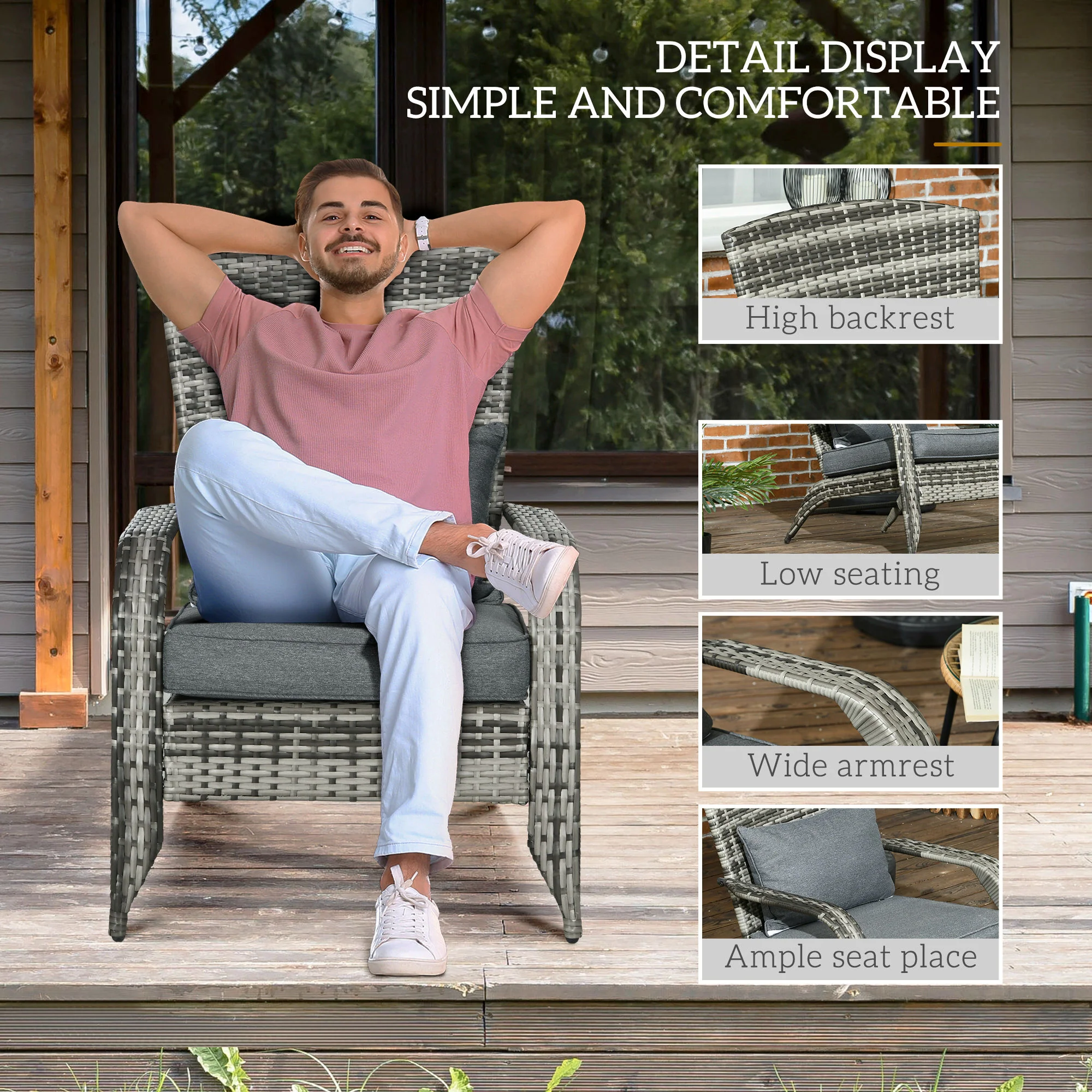 Patio Wicker Adirondack Chair w/ Soft Cushions, Tall Curved Backrest and Comfortable Armrests for Deck Garden, Grey - Image 7