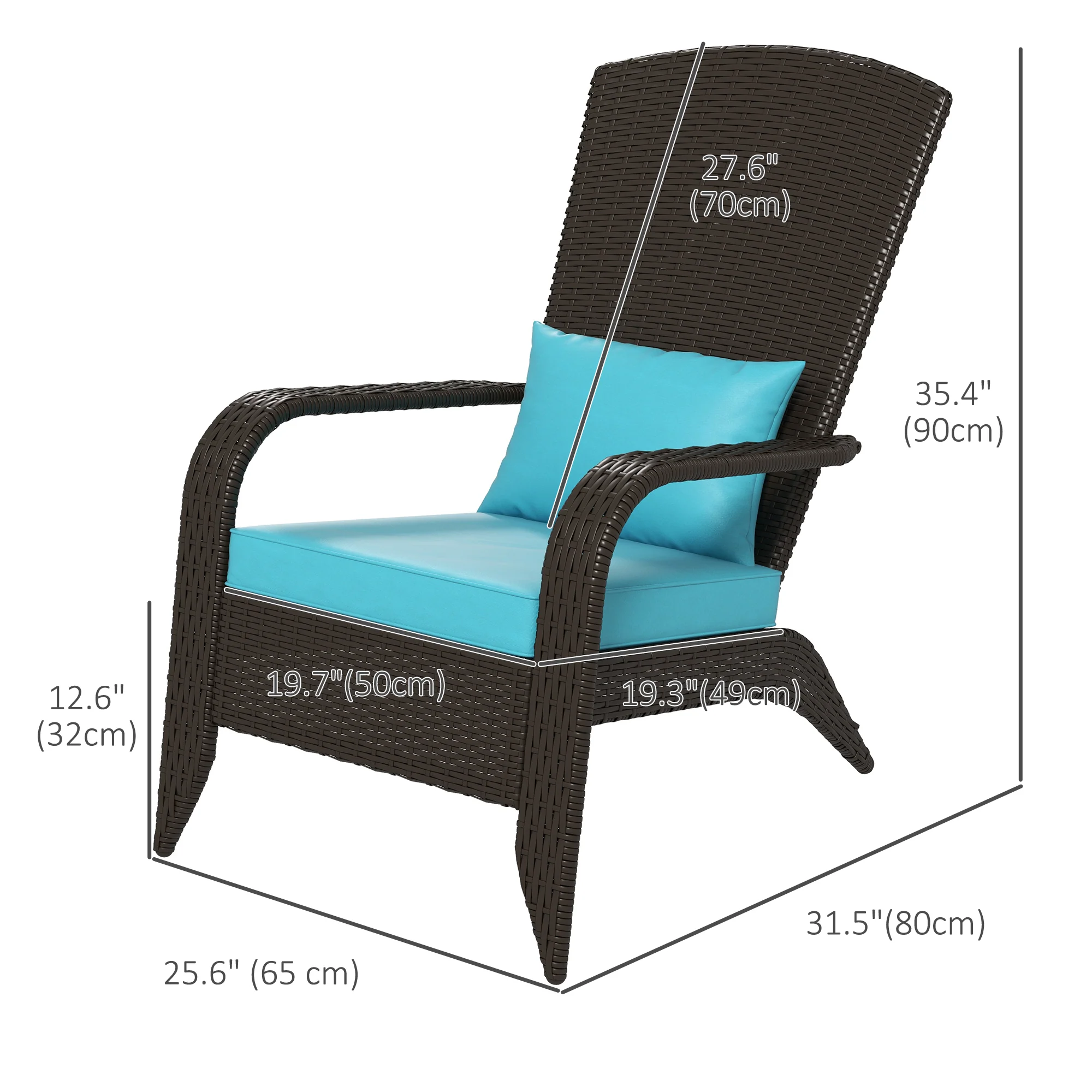 Patio Wicker Adirondack Chair, Outdoor Rattan Muskoka Chair with Cushions, Turquoise - Image 5