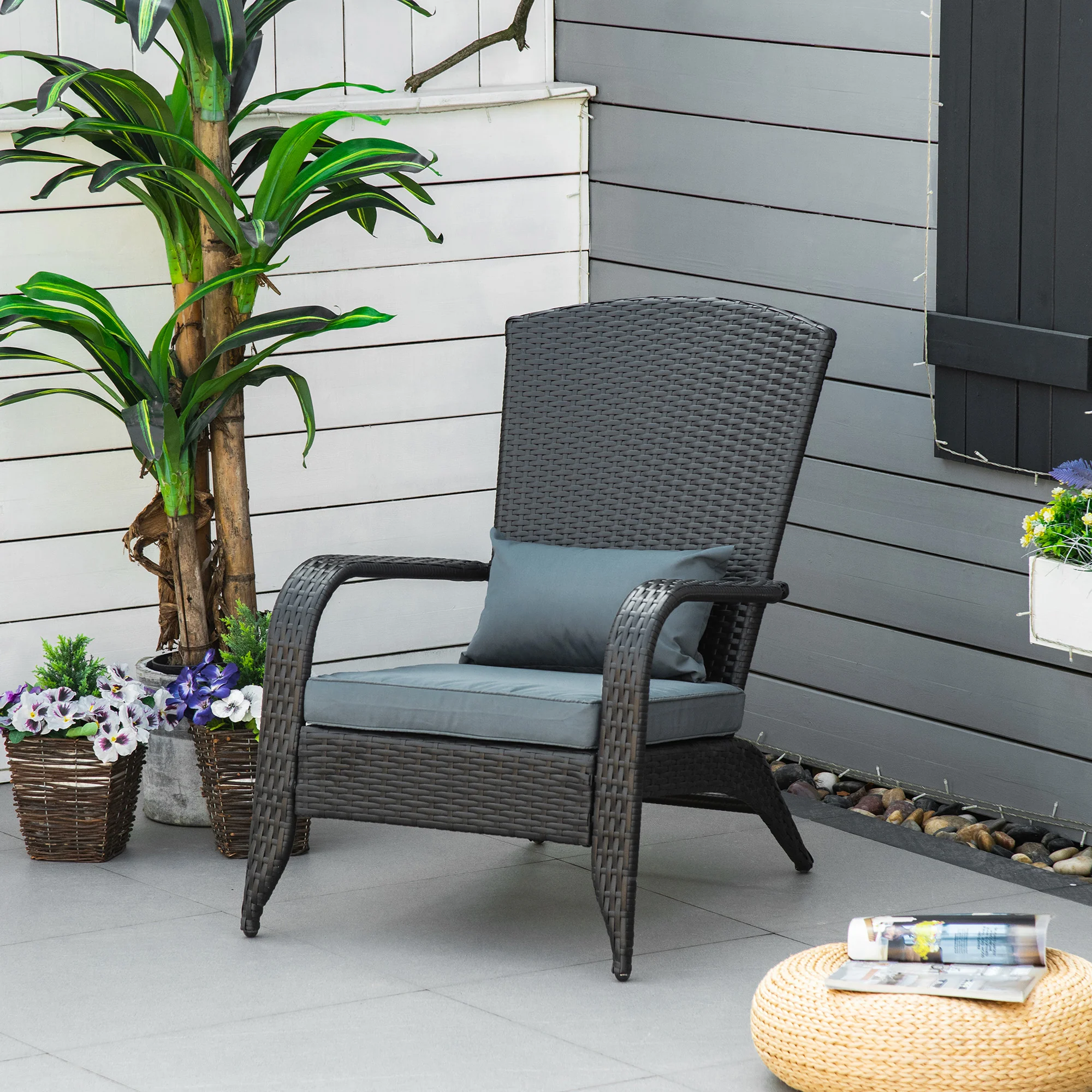 Patio Wicker Adirondack Chair, Outdoor Rattan Muskoka Chair with Cushions for Porch, Light Grey - Image 4