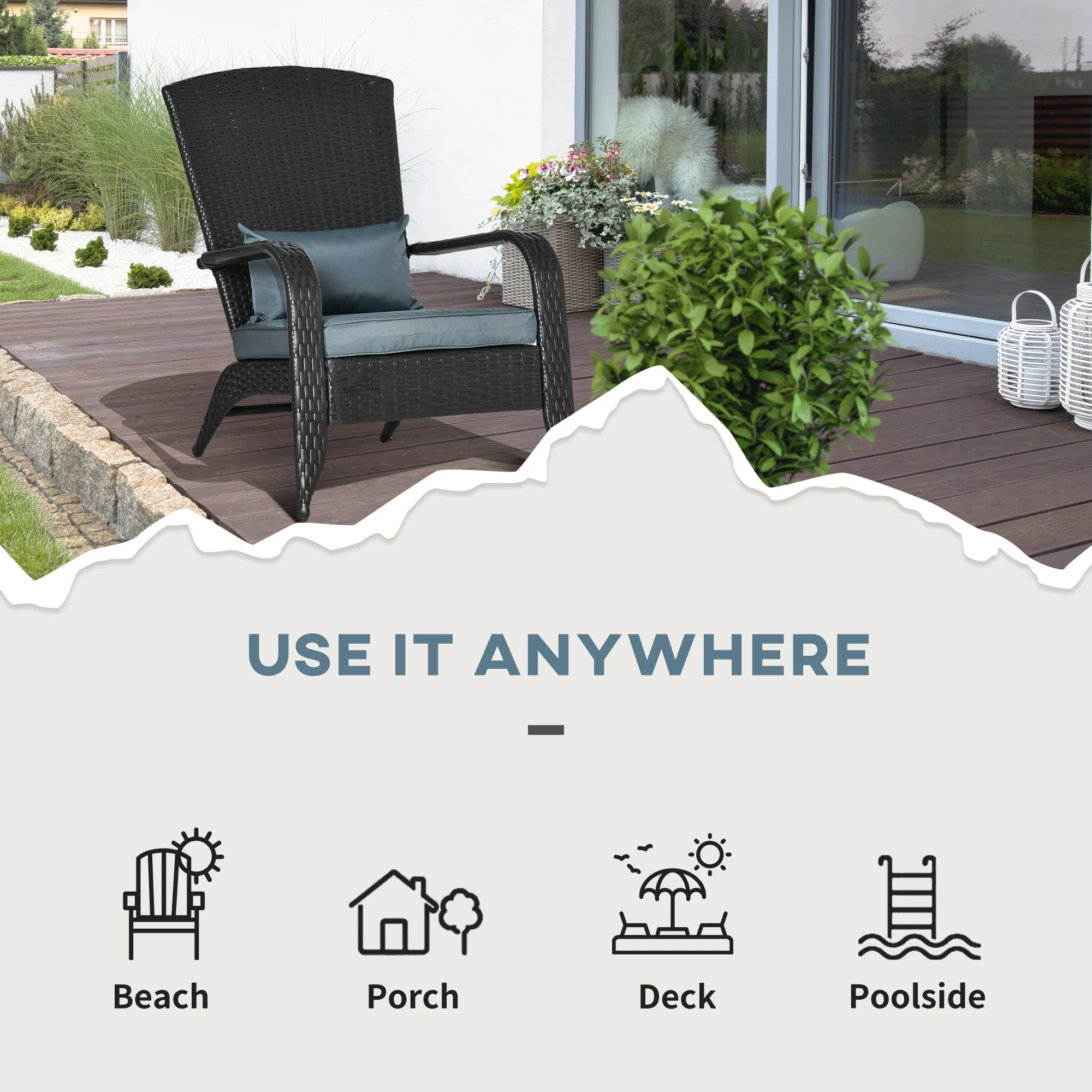 Patio Wicker Adirondack Chair, Outdoor Rattan Muskoka Chair with Cushions for Porch, Light Grey - Image 9