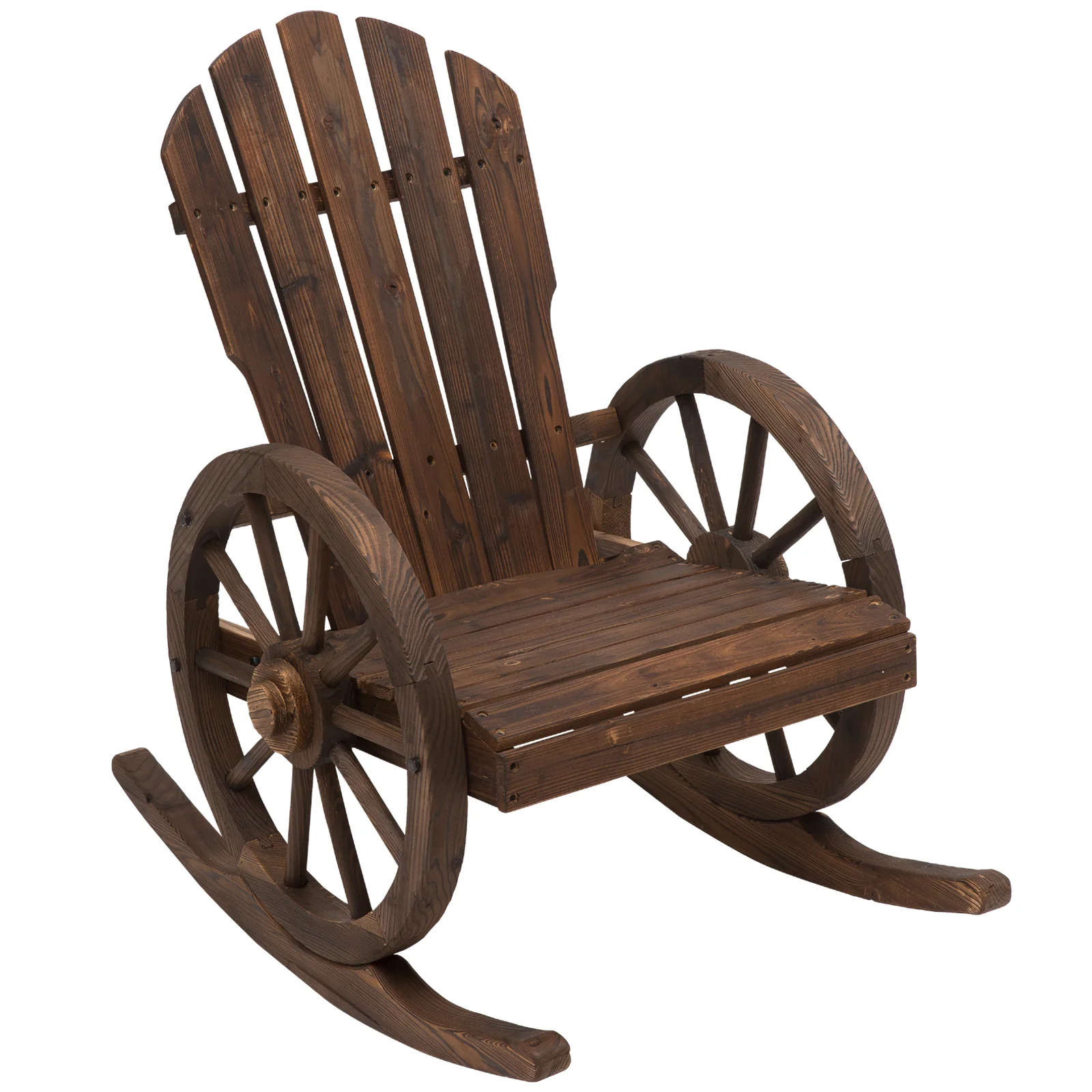 Patio Wooden Wagon Outdoor Rocker Chair with Slatted Design & Wheel Armrests, Carbonized