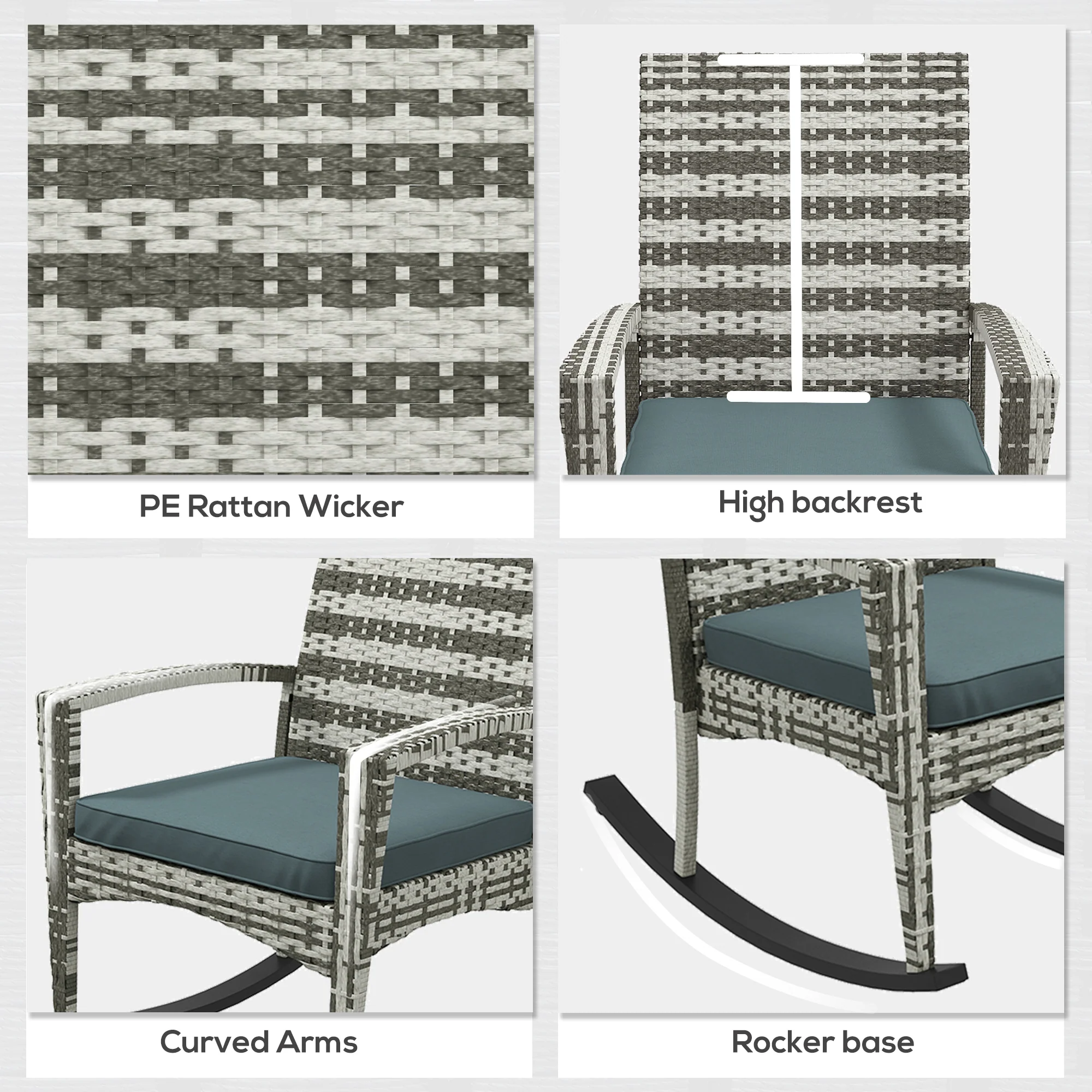 PE Rattan Garden Rocking Chair w/ Metal Frame, Wicker Porch Armchair Rocker, Light Grey - Image 8