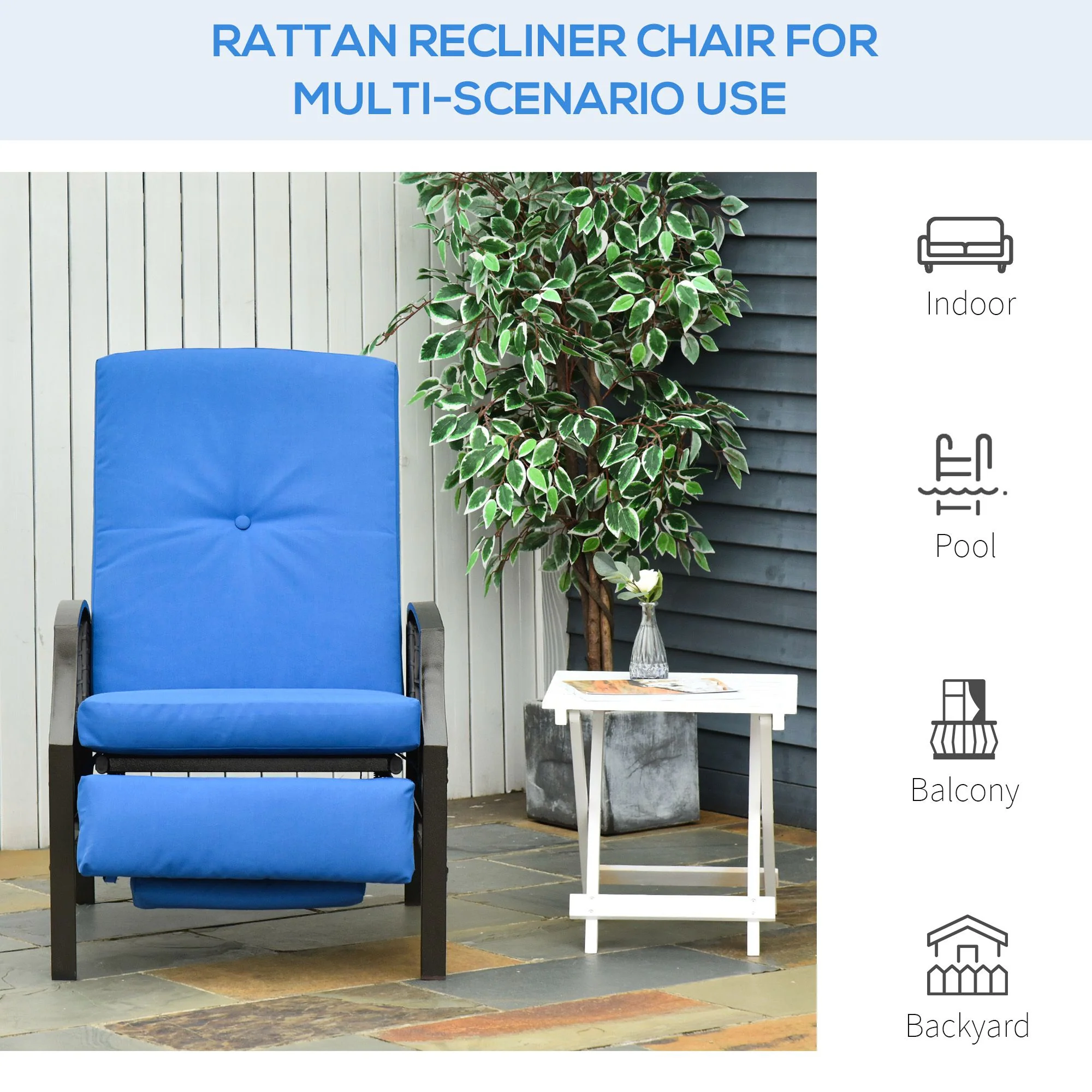Outdoor Rattan Recliner Chair w/ Cushion, Adjustable Back & Retractable Footrest, Blue - Image 9