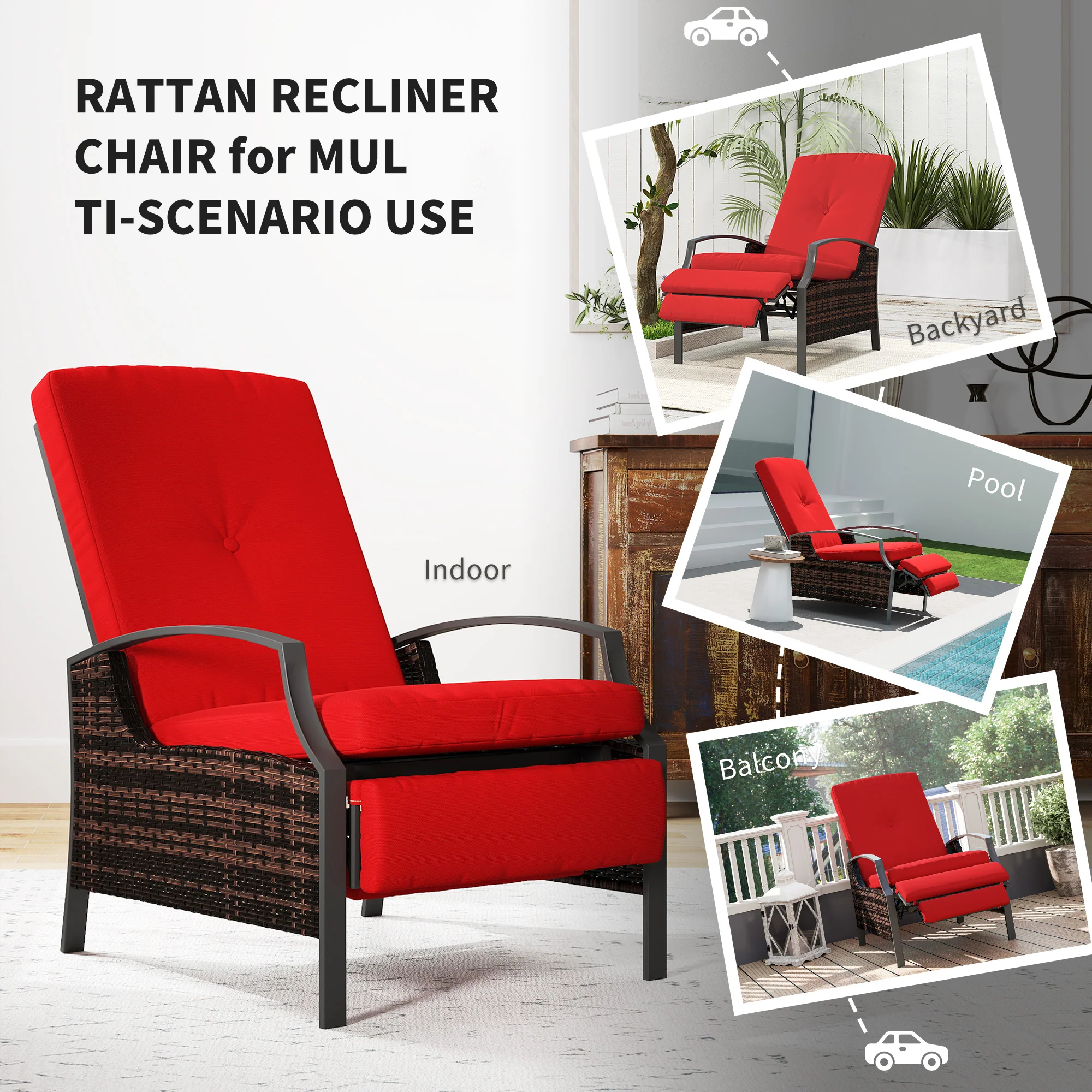 Outdoor Rattan Recliner Chair w/ Cushion, Adjustable Back & Retractable Footrest, Wine Red - Image 9