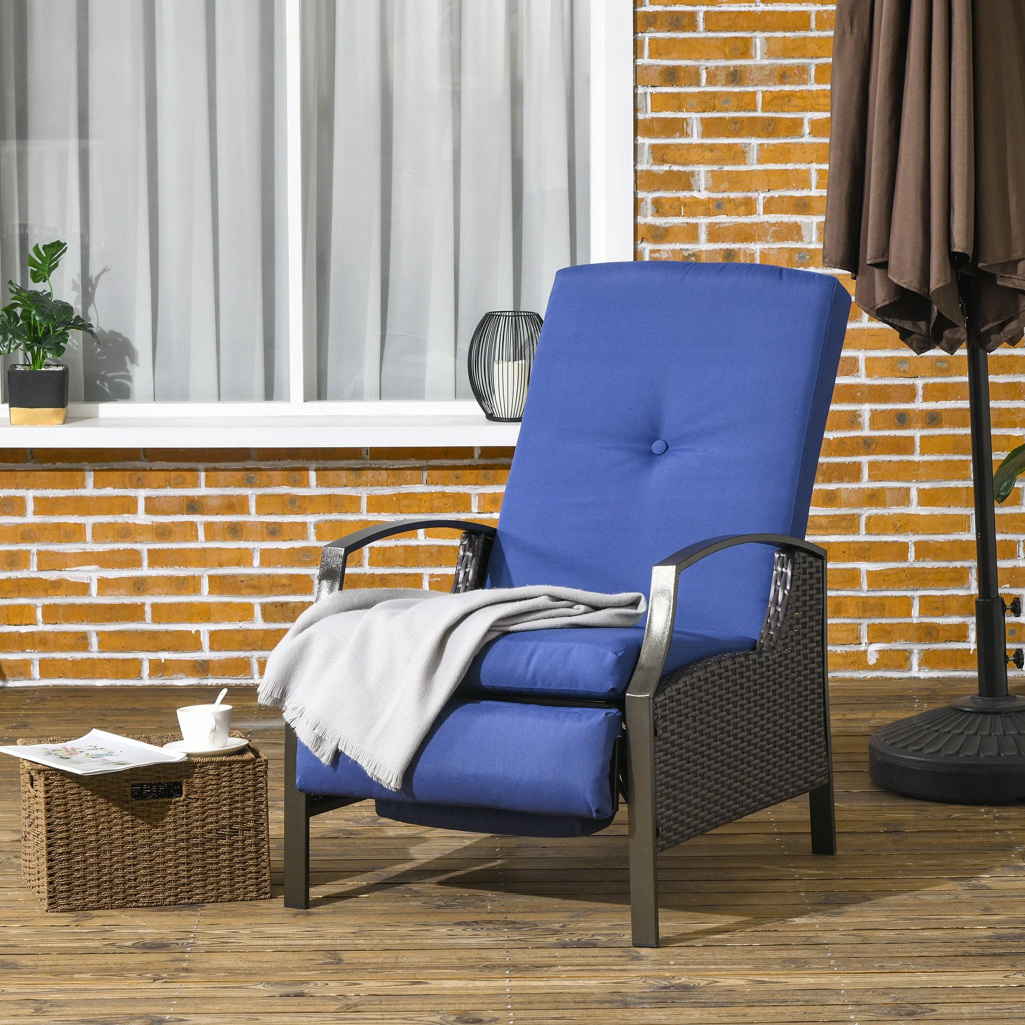 Outdoor Rattan Recliner Chair w/ Cushion, Adjustable Back & Retractable Footrest, Dark Blue - Image 4