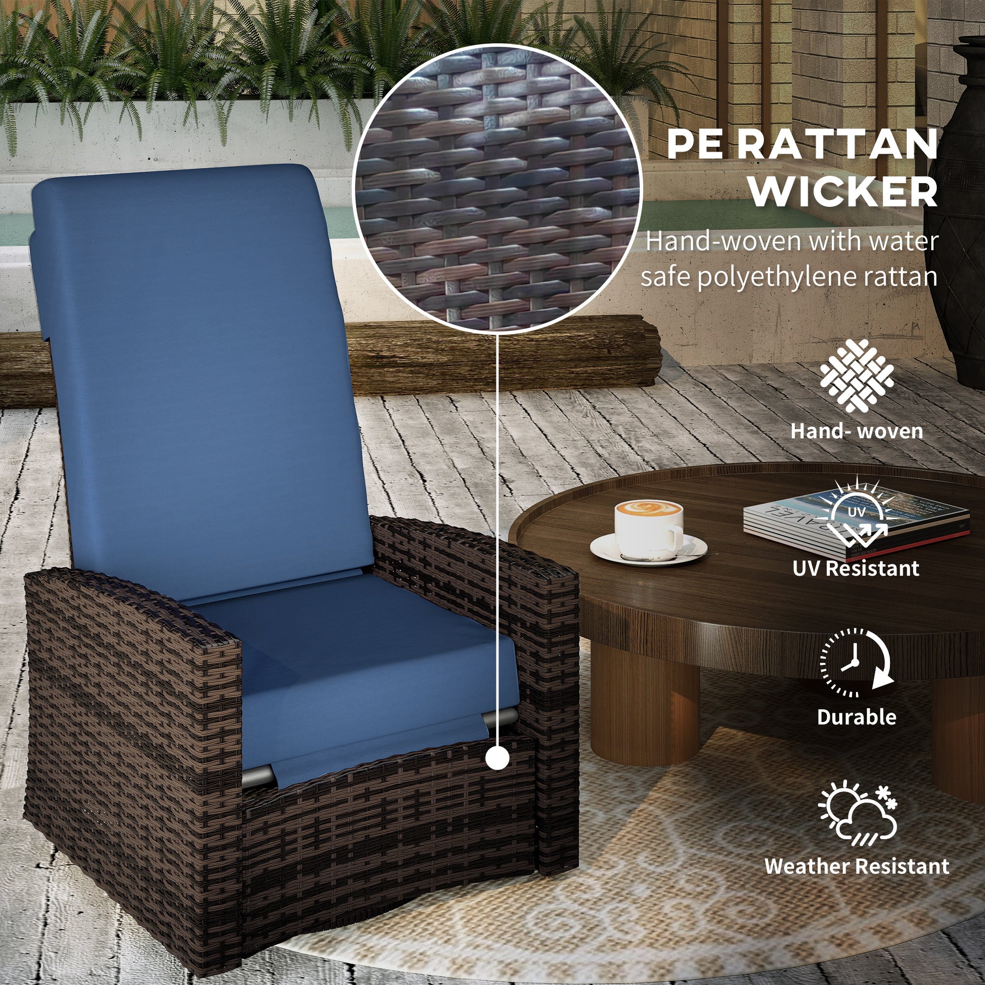 Outdoor Rattan Wicker Lounge Chair with Footrest & Soft Cushion for Patio, Dark Blue - Image 6