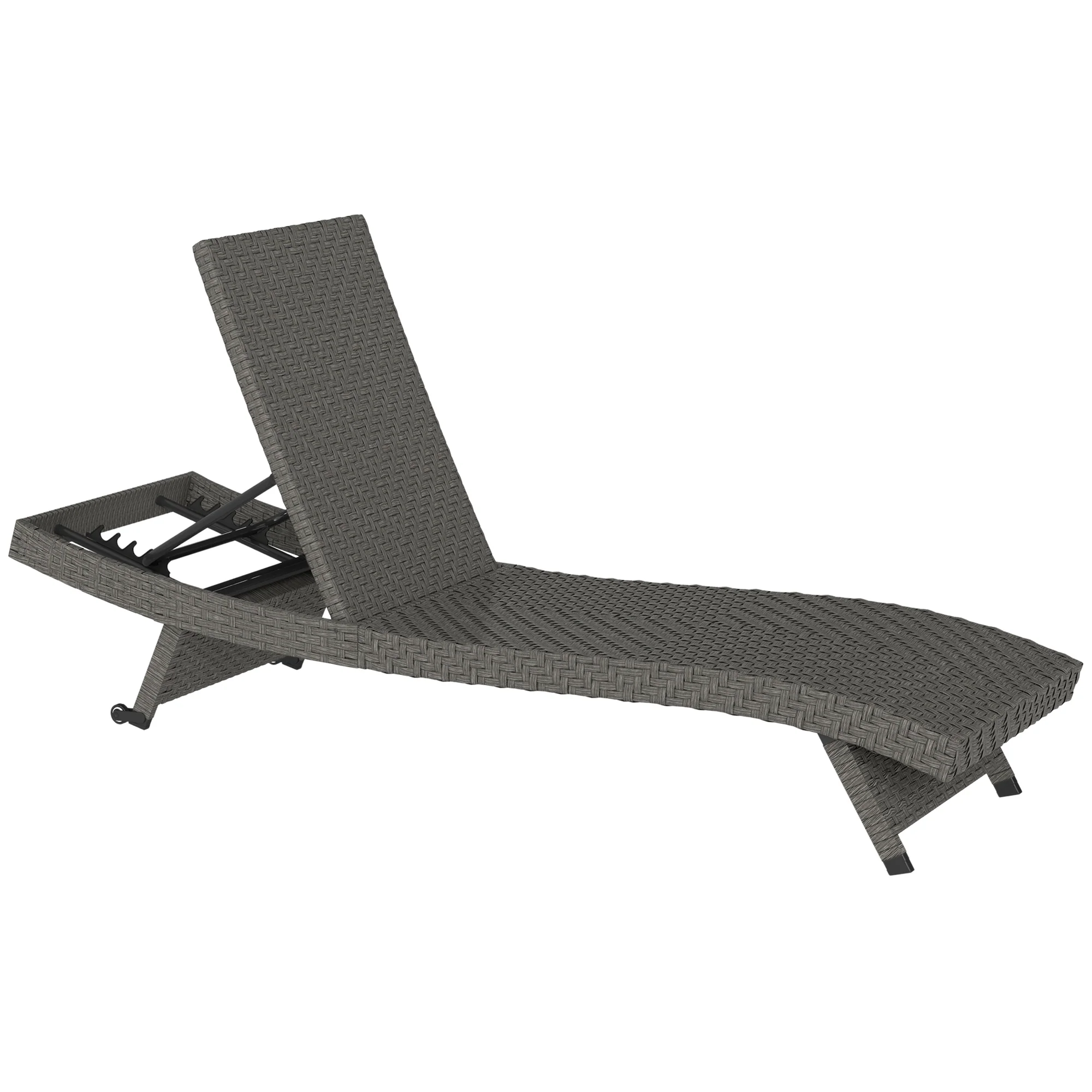 Rattan FoldingLounger Recliner with 5-Level Adjustable Backrest & Wheels, Mixed Grey