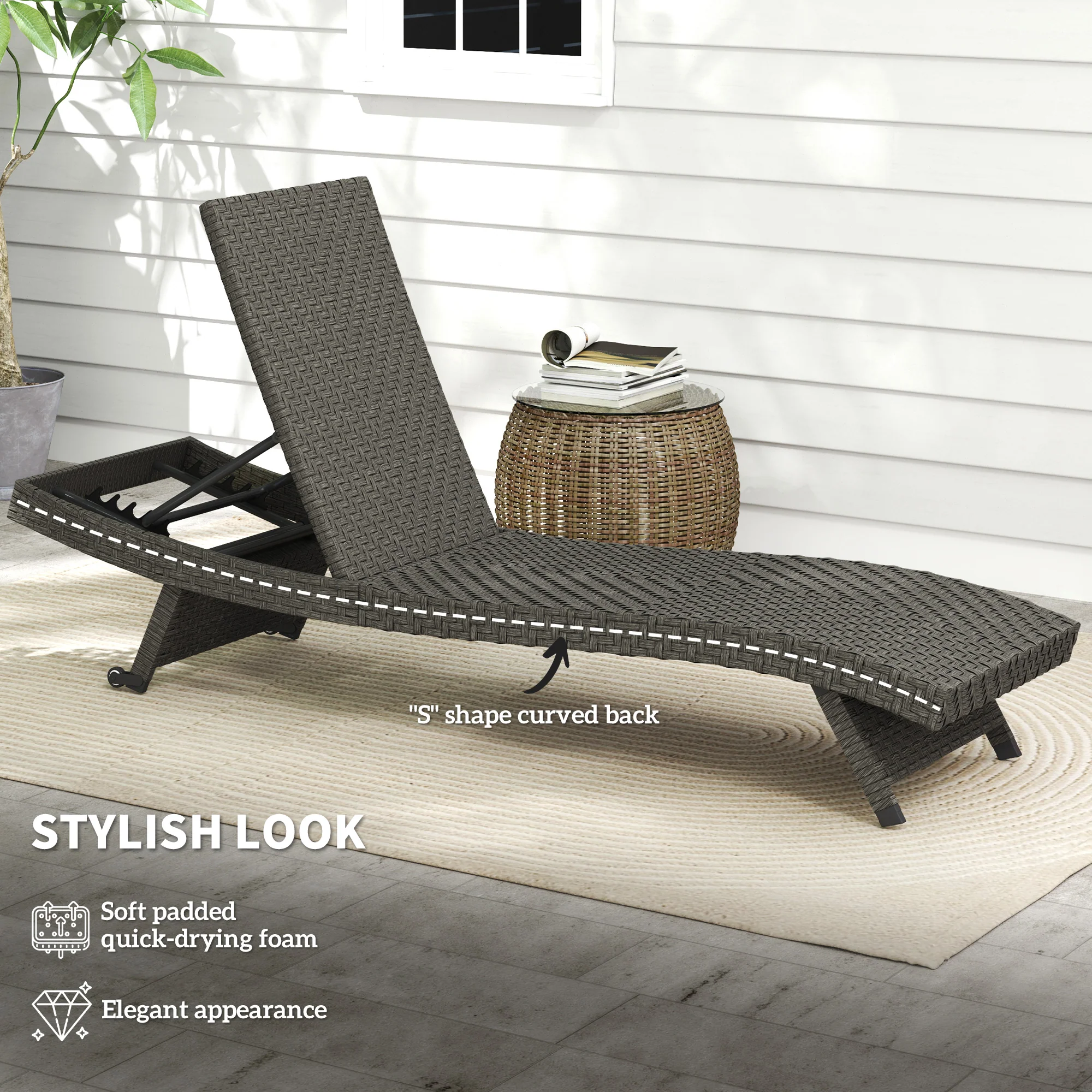 Rattan FoldingLounger Recliner with 5-Level Adjustable Backrest & Wheels, Mixed Grey - Image 6