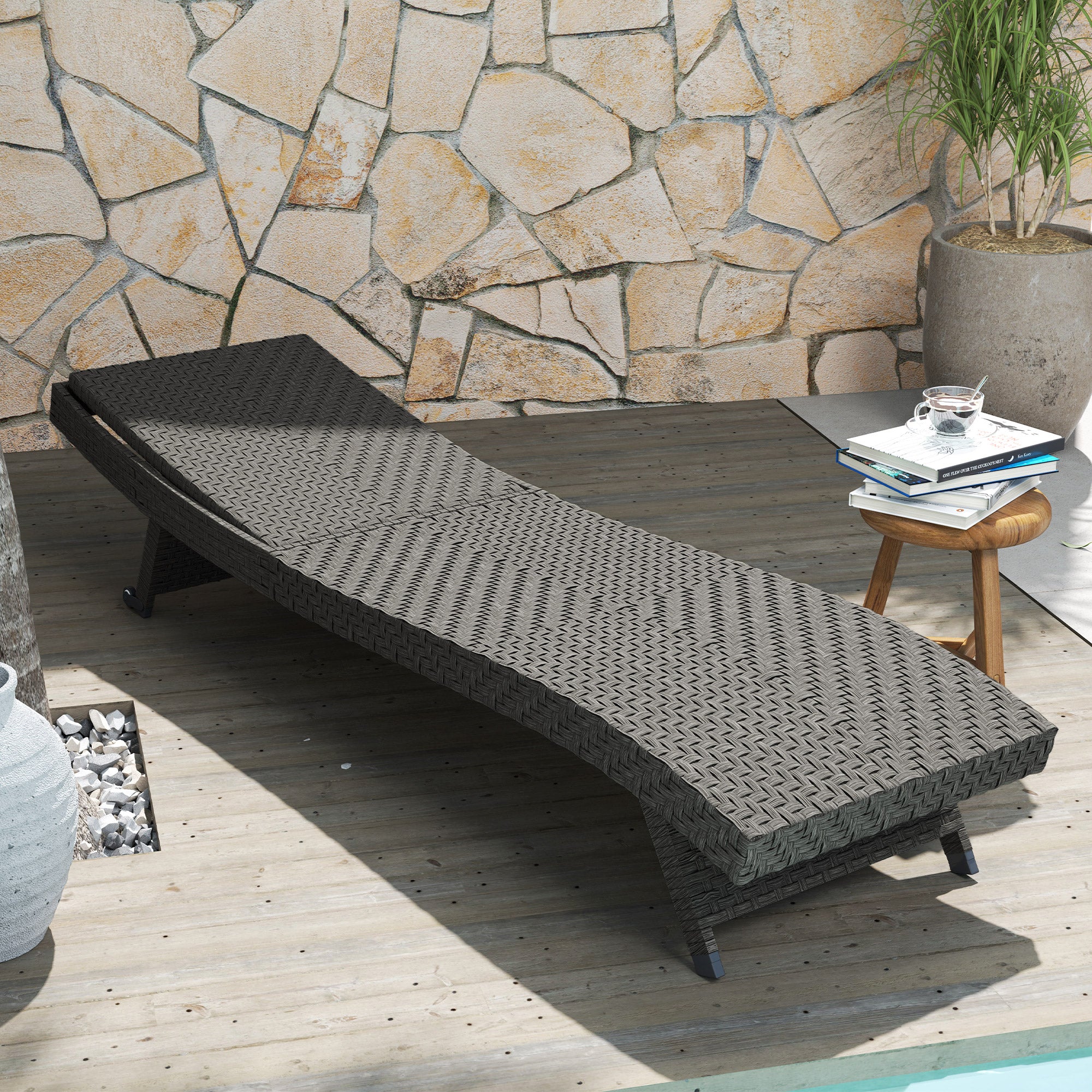 Rattan FoldingLounger Recliner with 5-Level Adjustable Backrest & Wheels, Mixed Grey - Image 9