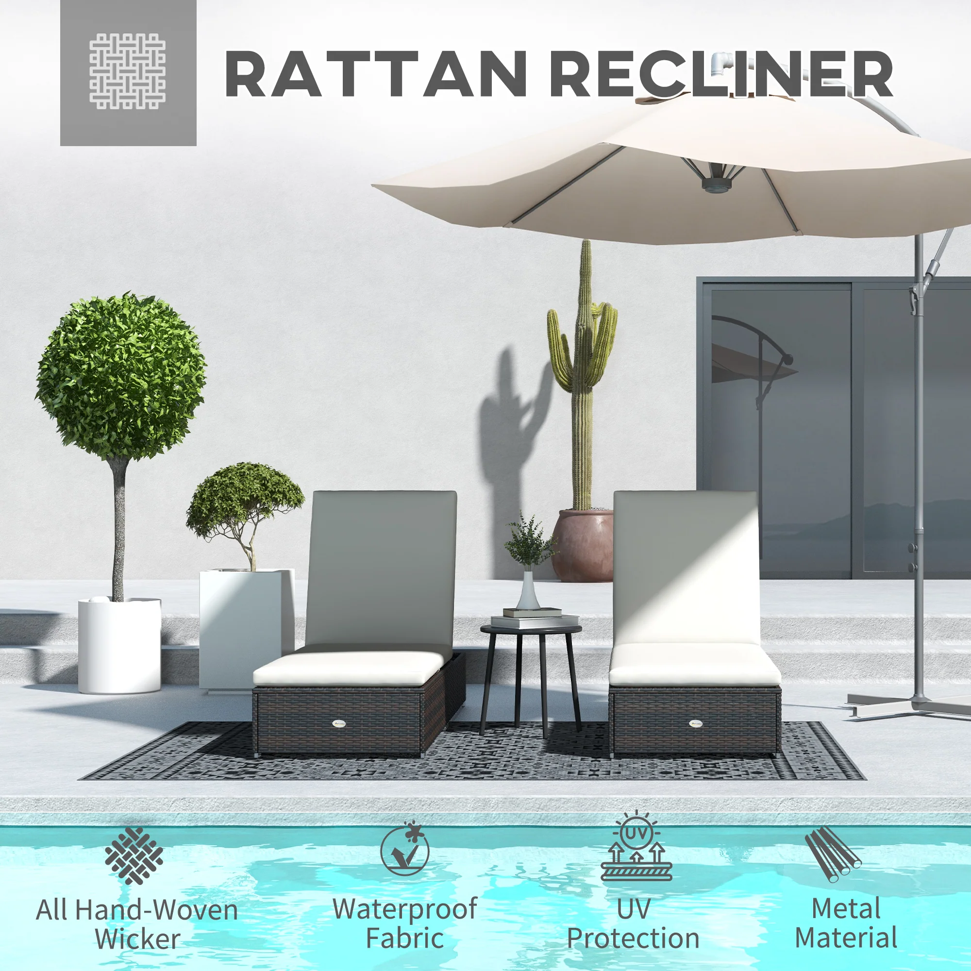 2 Pieces Rattan 5-level Adjustable Recliner Chairs w/ Padded Cushion for Patio, Mixed Brown - Image 6